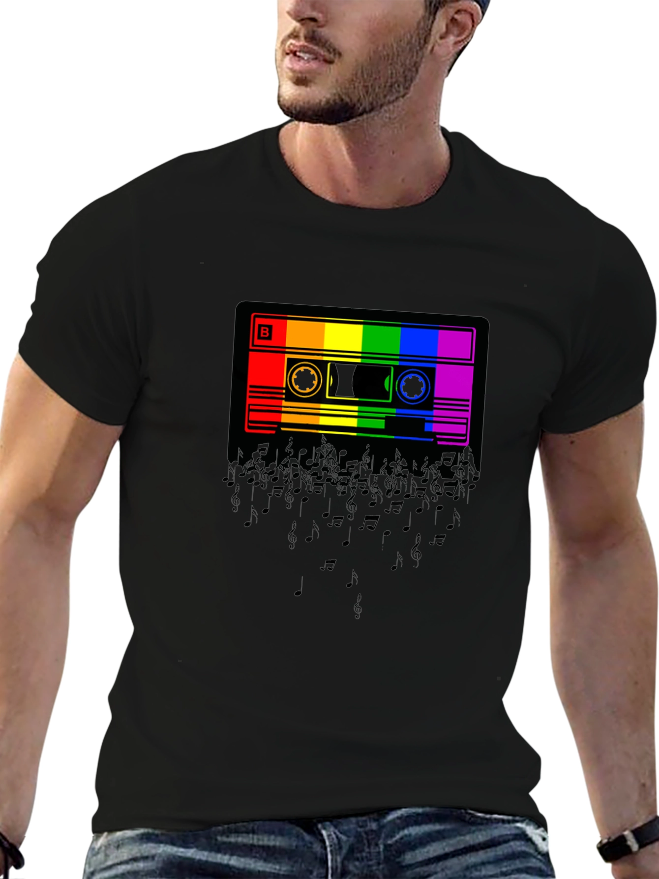 Rainbow Cassette Music Notes Graphic T-Shirt