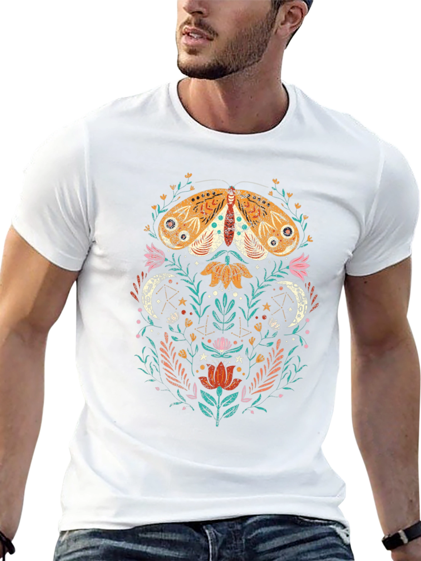Moth and Floral Graphic Tee - Nature Inspired