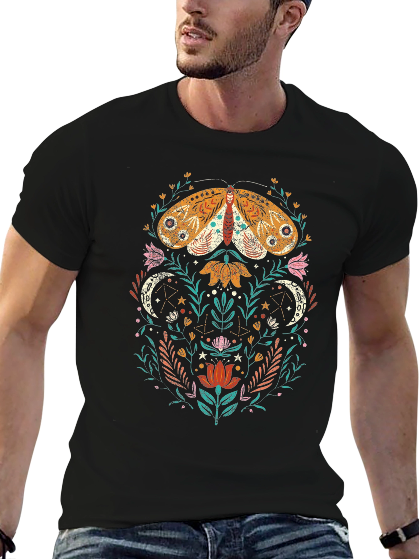 Moth and Floral Graphic Tee - Nature Inspired