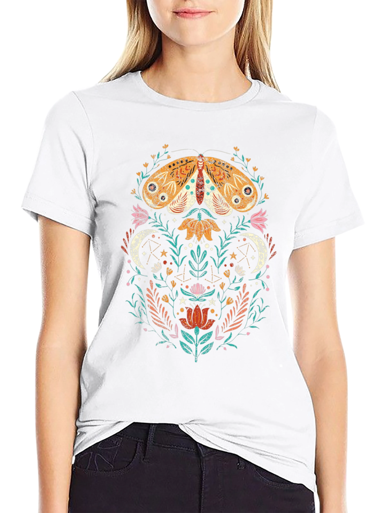 Moth and Floral Graphic Tee - Nature Inspired