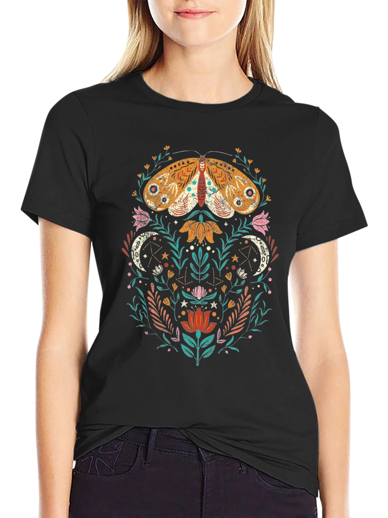 Moth and Floral Graphic Tee - Nature Inspired