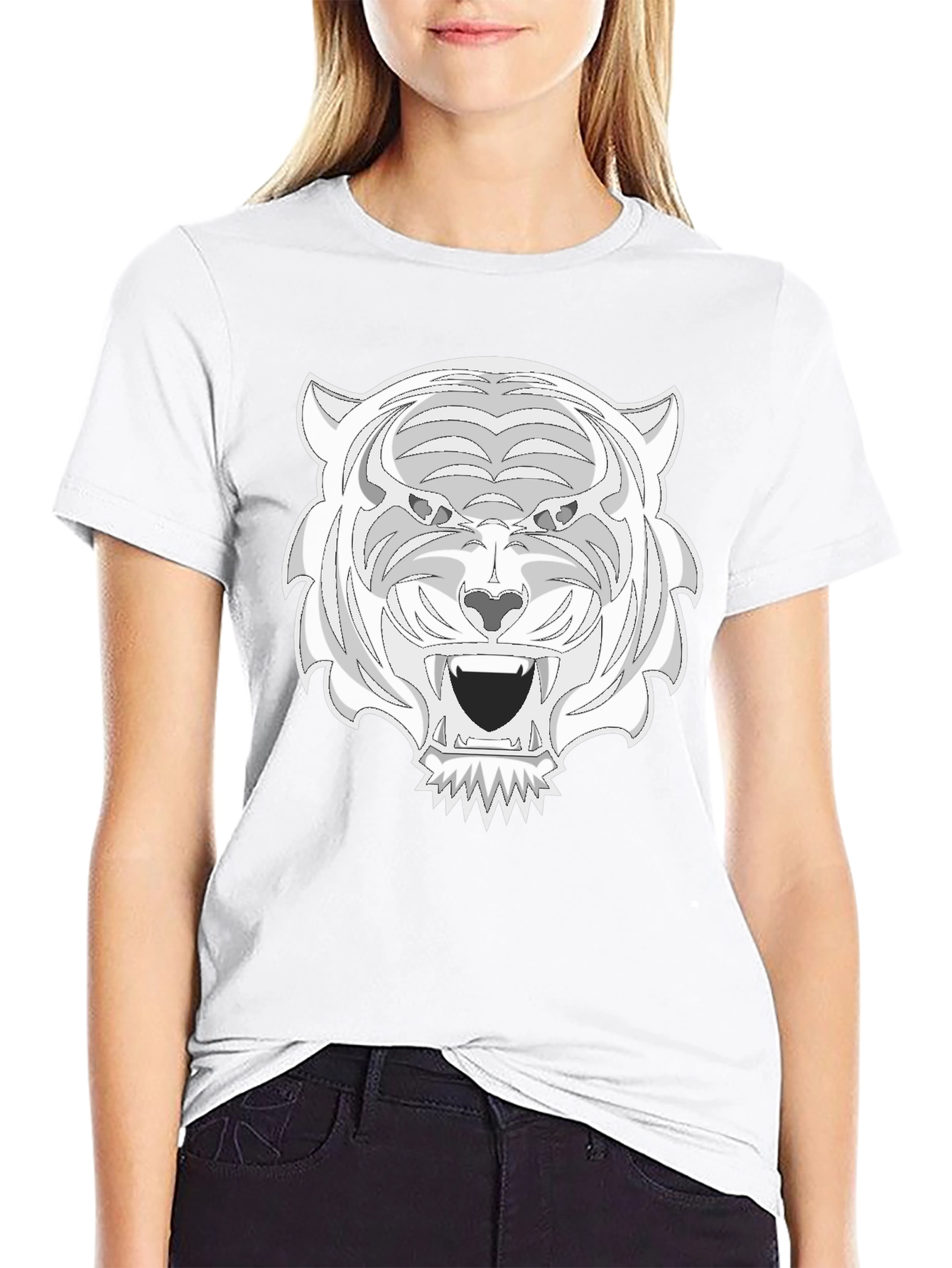 Black Tee with White Tiger Graphic Print