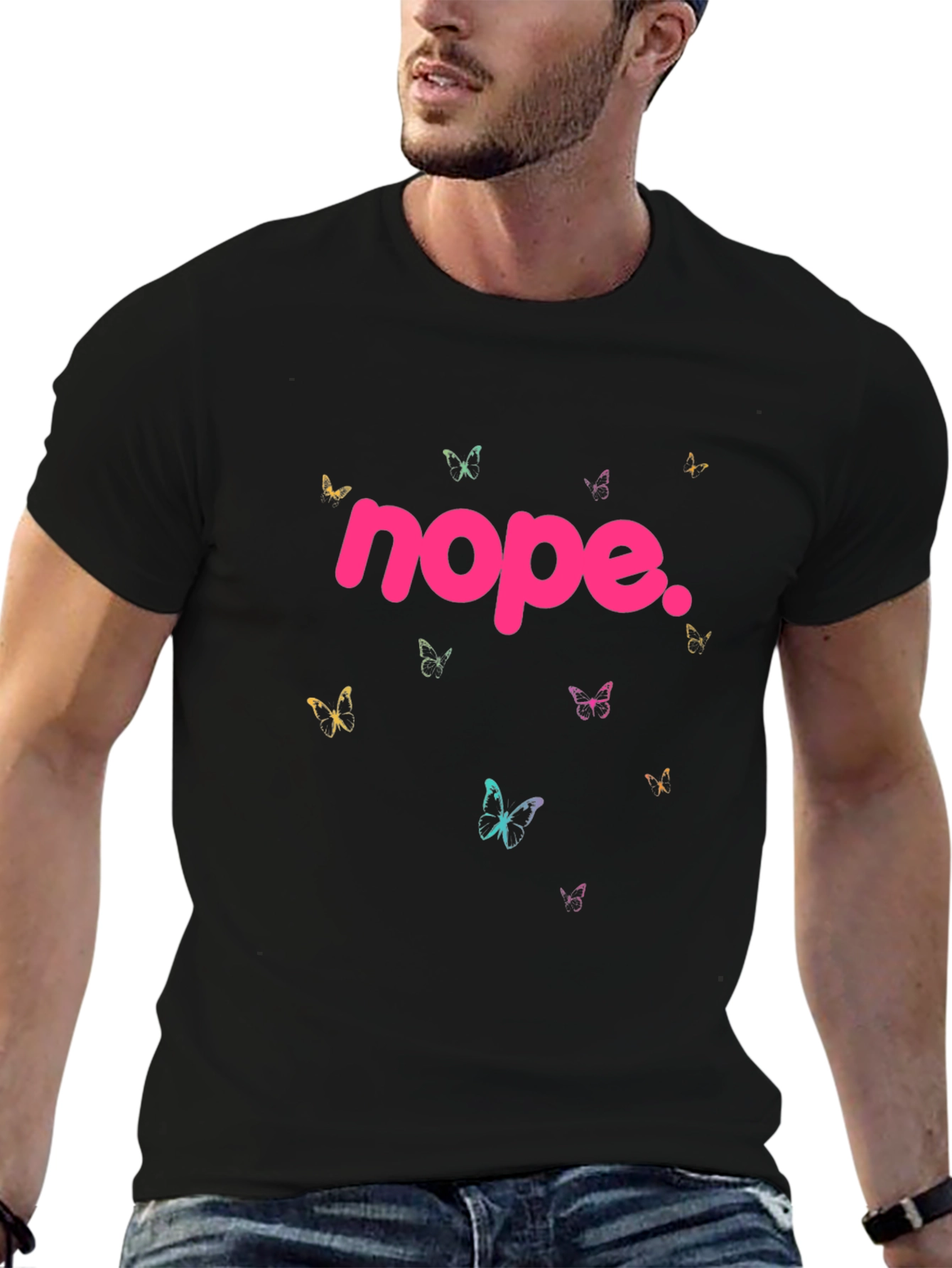Nope Butterfly Graphic Tee - Casual Black T-Shirt