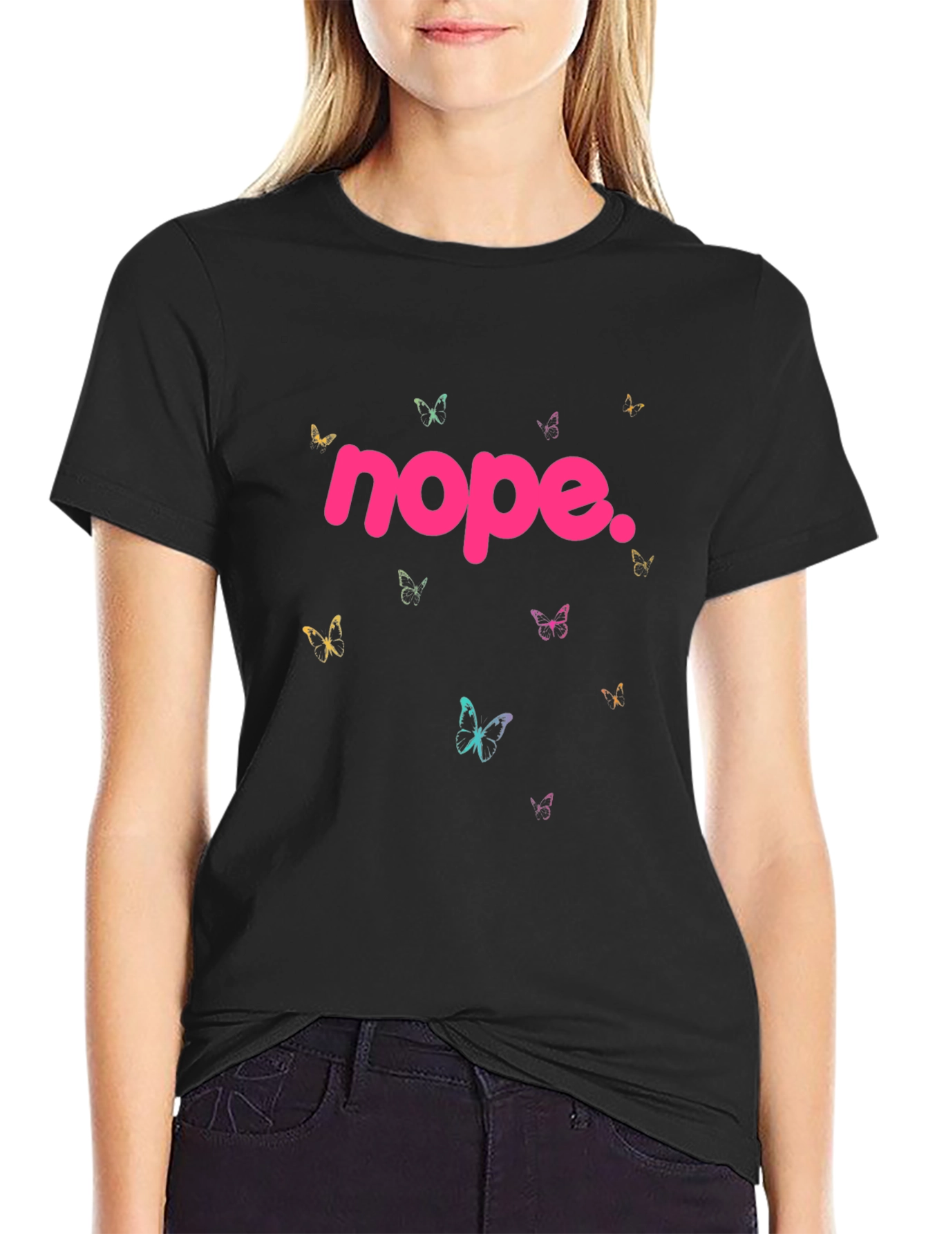 Nope Butterfly Graphic Tee - Casual Black T-Shirt