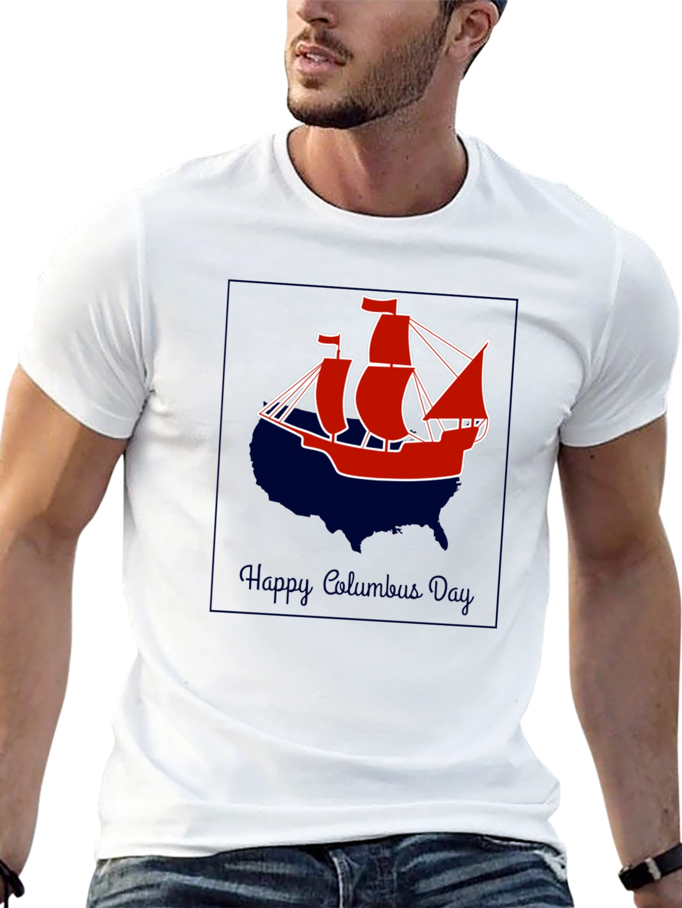 Columbus Day T-Shirt - Ship Design - USA Outline