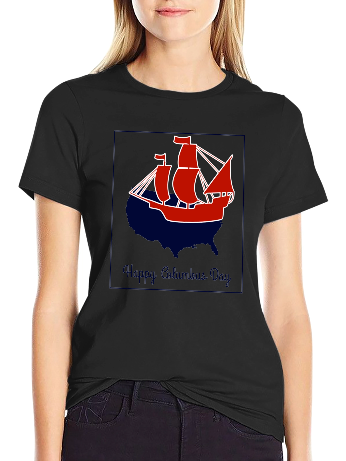 Columbus Day T-Shirt - Ship Design - USA Outline
