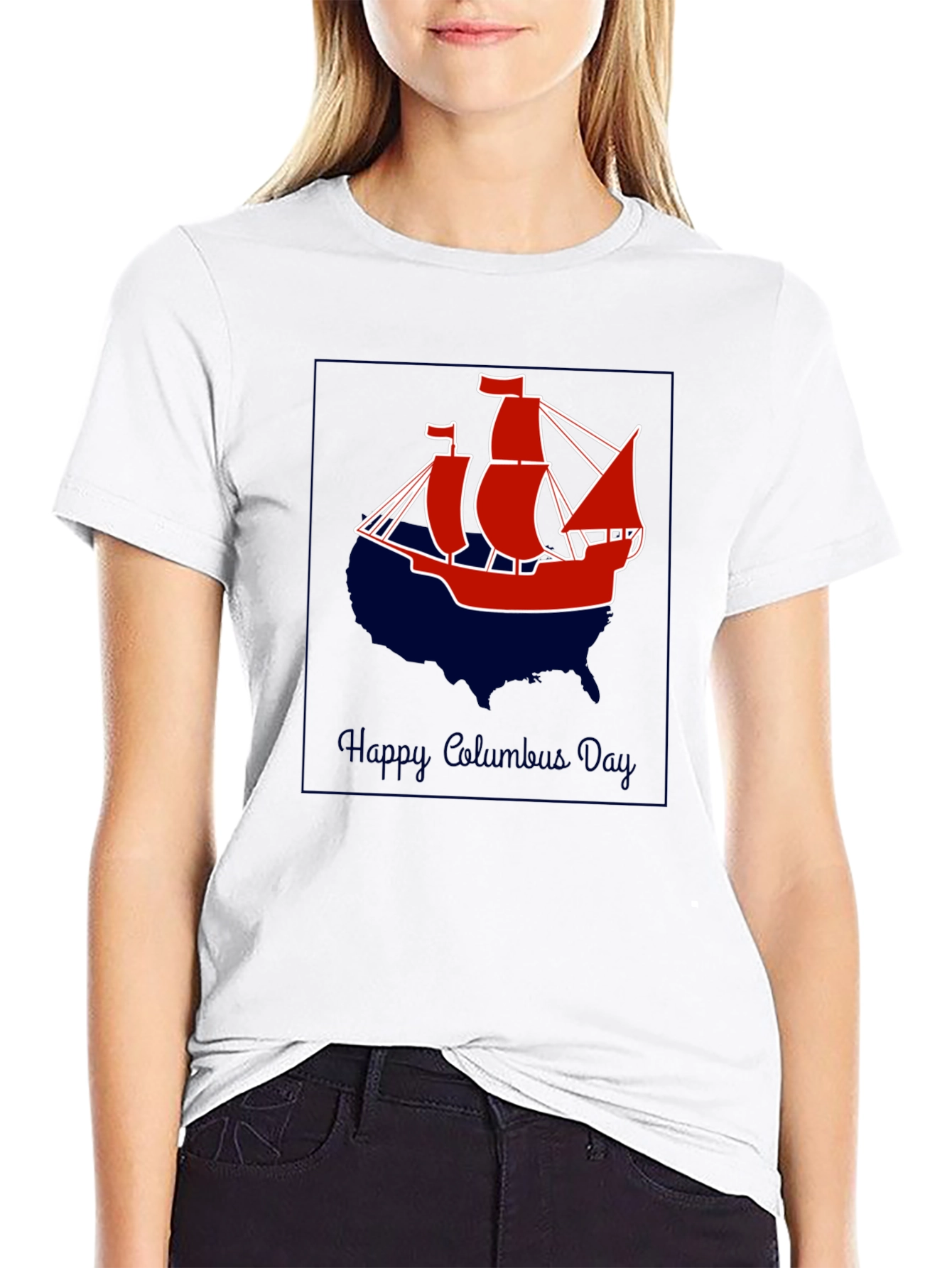 Columbus Day T-Shirt - Ship Design - USA Outline