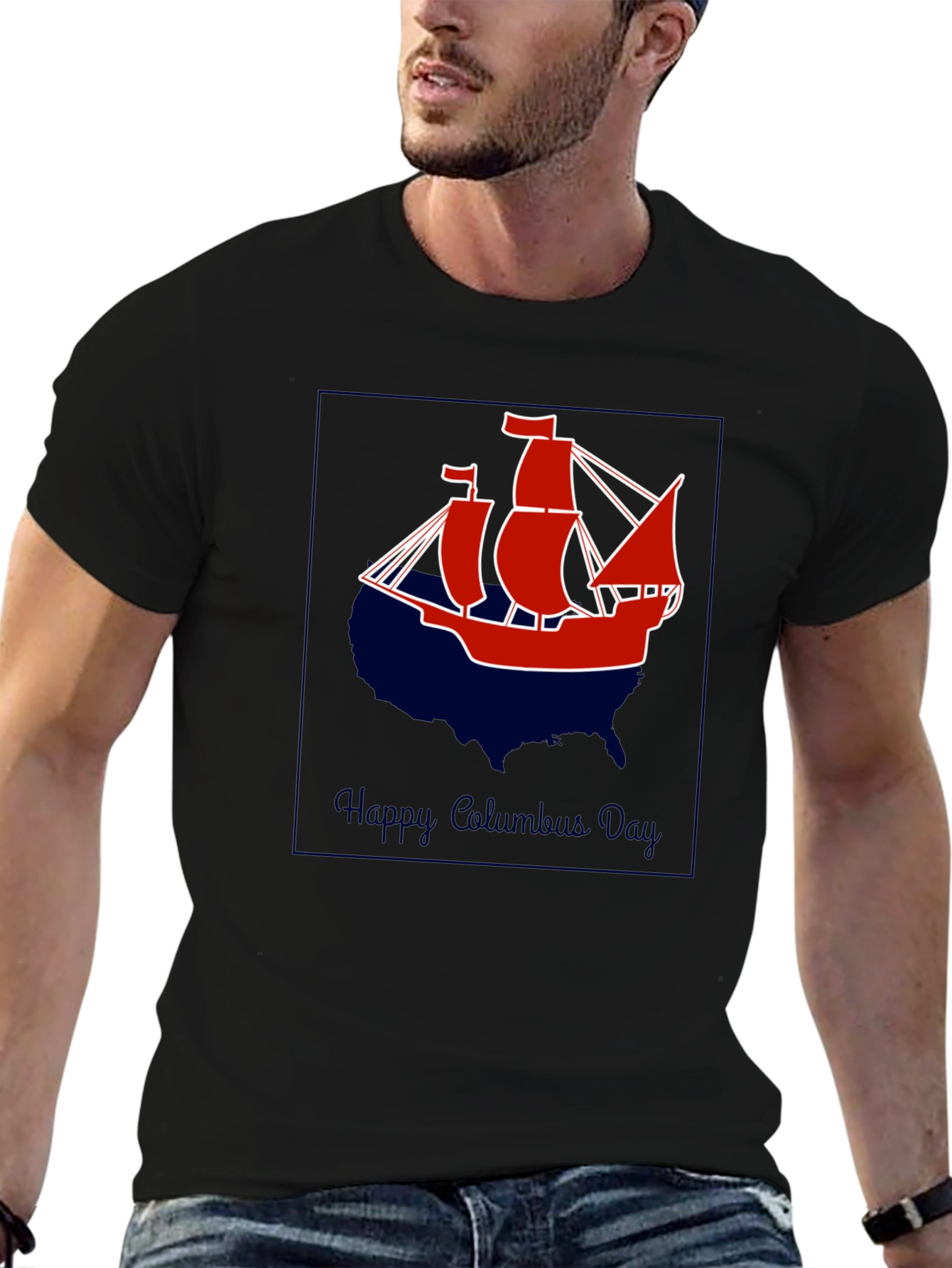 Columbus Day T-Shirt - Ship Design - USA Outline