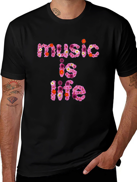 Floral Music is Life Graphic Black T-Shirt