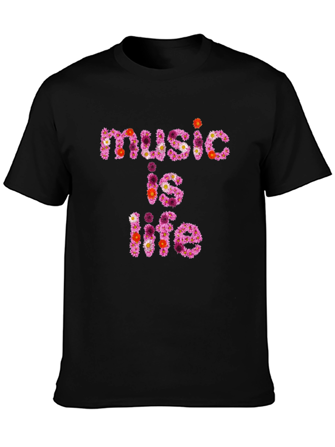 Floral Music is Life Graphic Black T-Shirt
