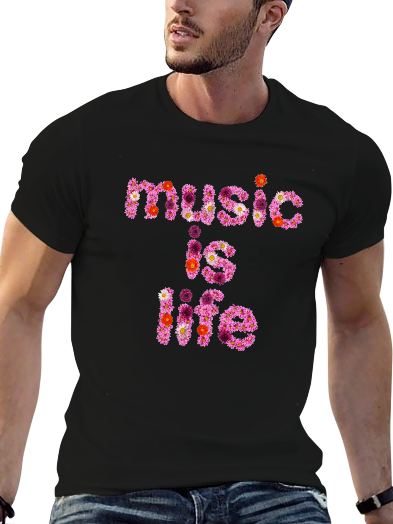 Floral Music is Life Graphic Black T-Shirt