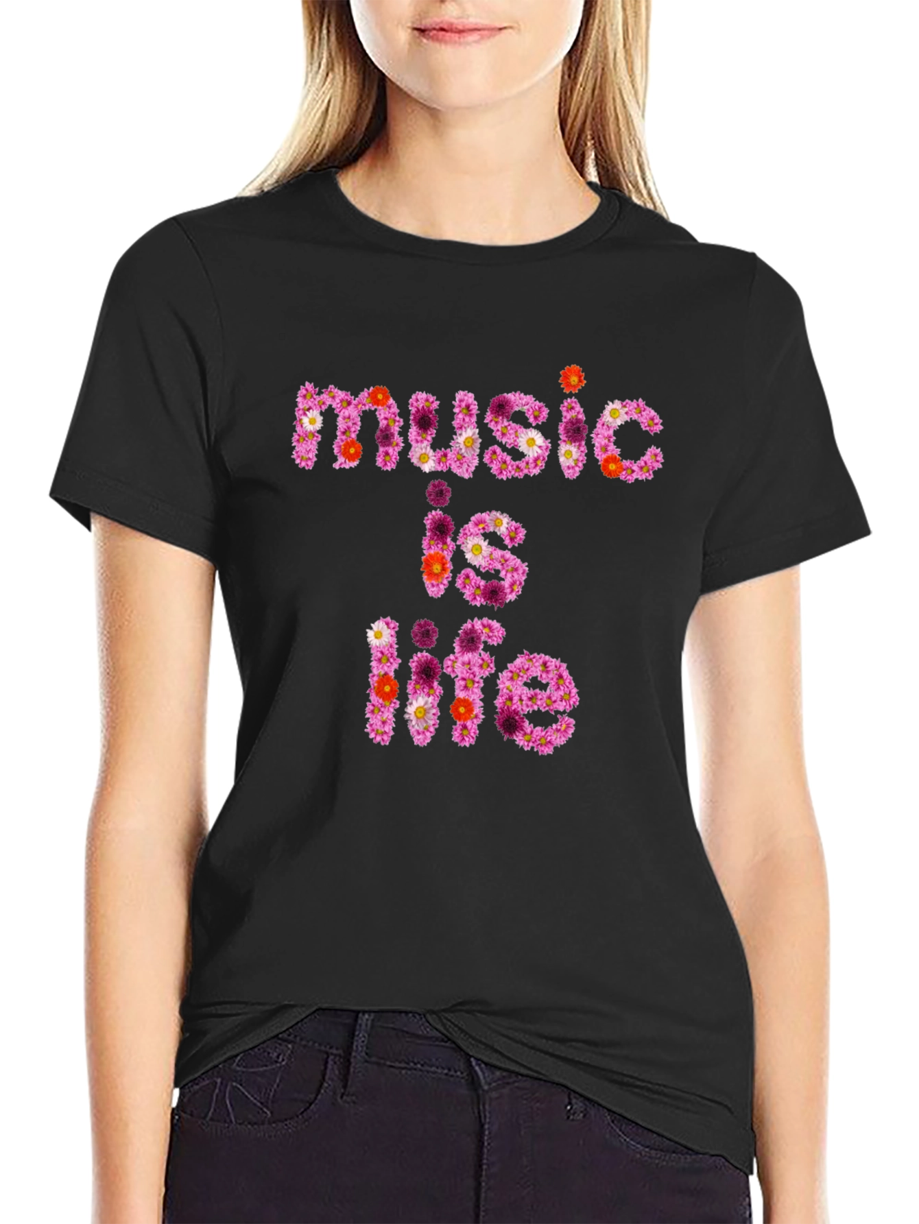 Floral Music is Life Graphic Black T-Shirt