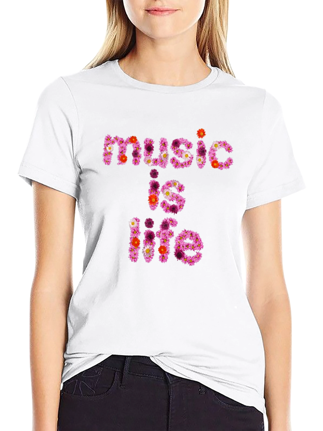 Floral Music is Life Graphic Black T-Shirt