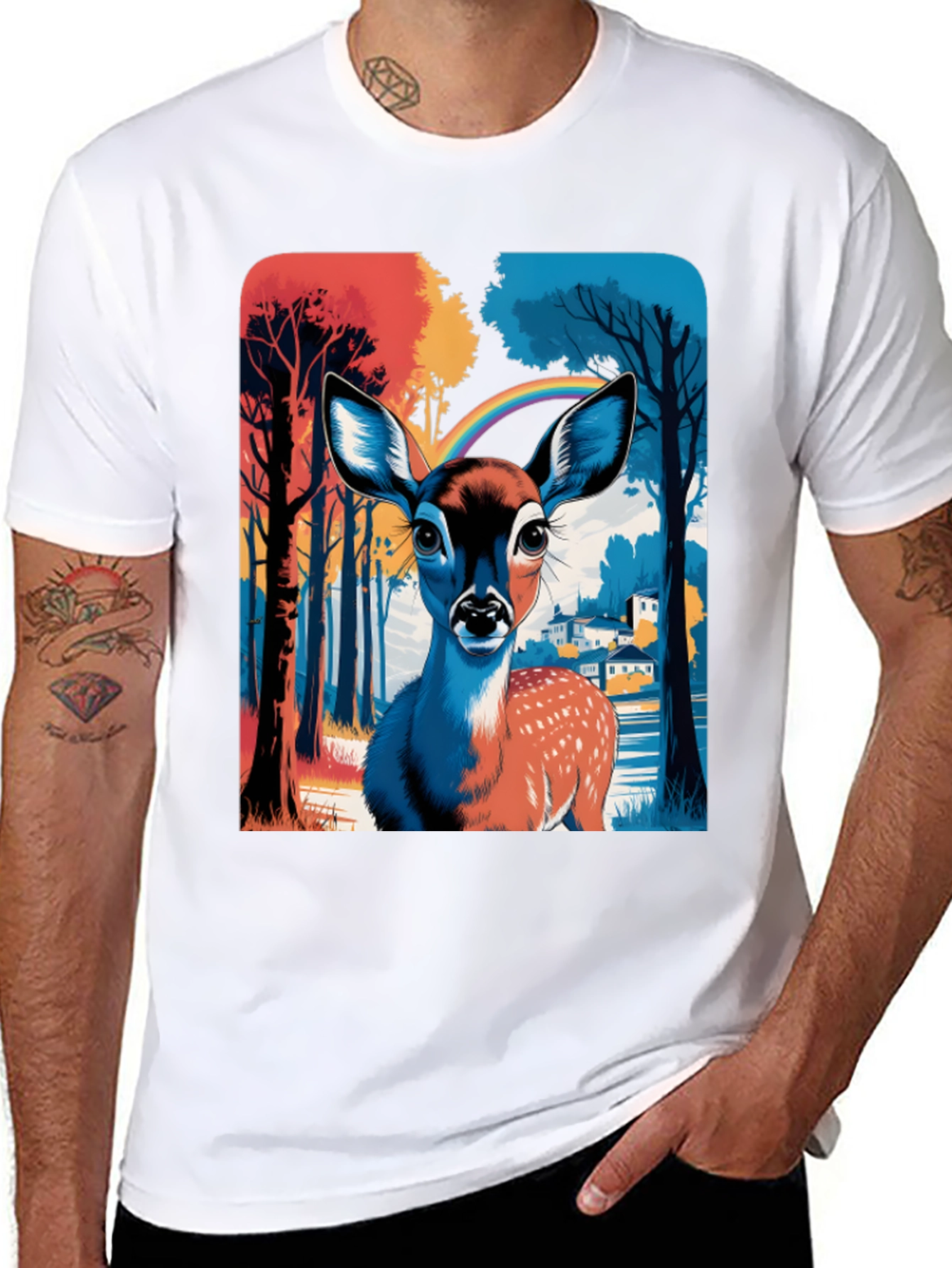 Deer Rainbow Graphic Tee - Stylish Mens T-Shirt