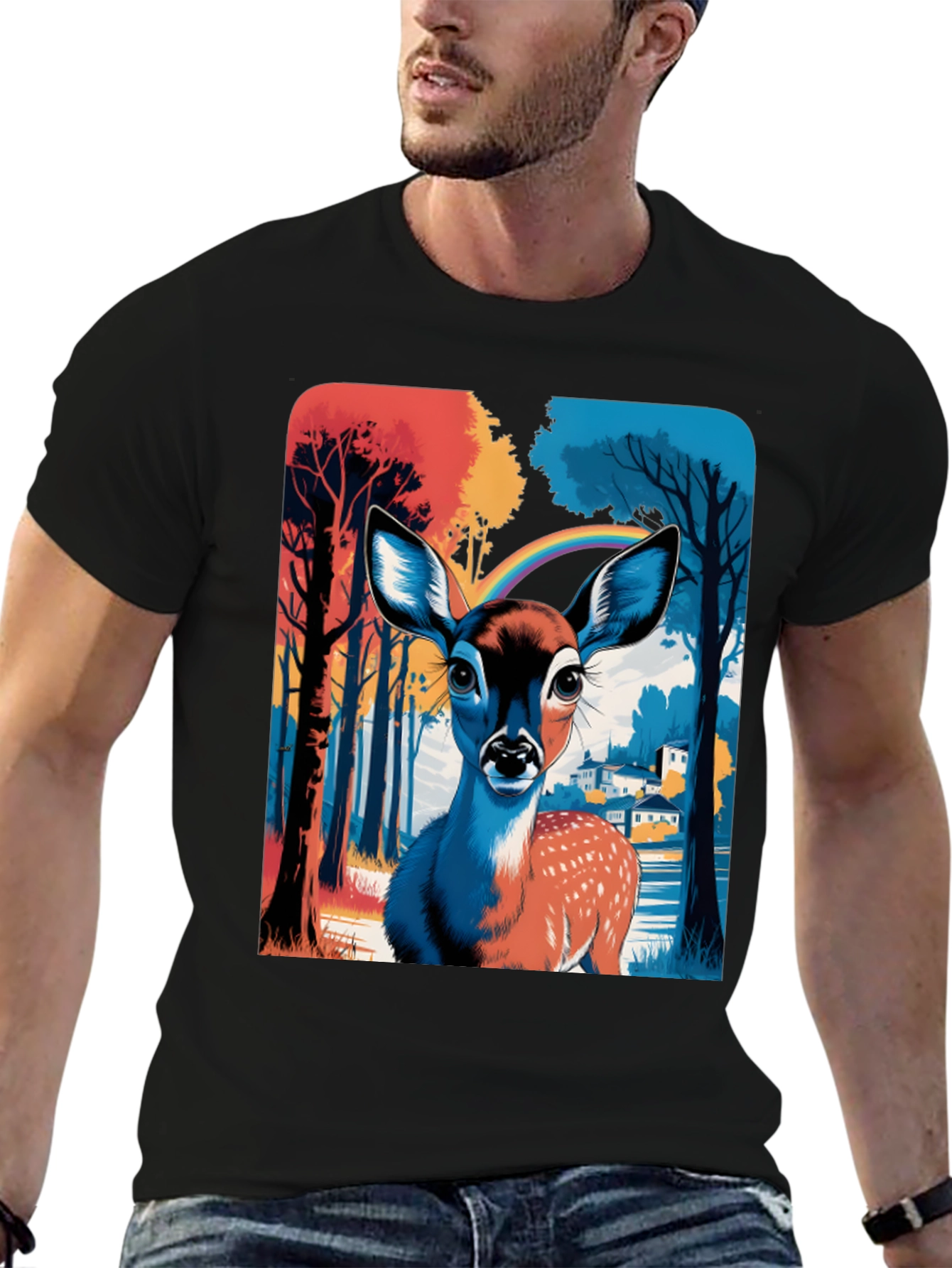 Deer Rainbow Graphic Tee - Stylish Mens T-Shirt