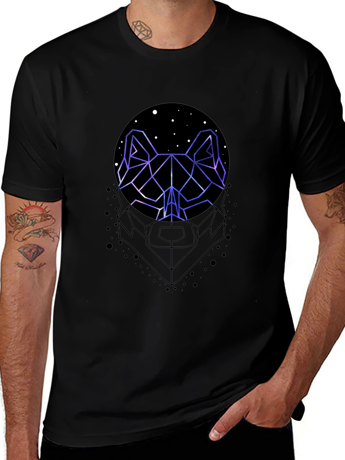 Geometric Wolf Graphic Print Black T-Shirt