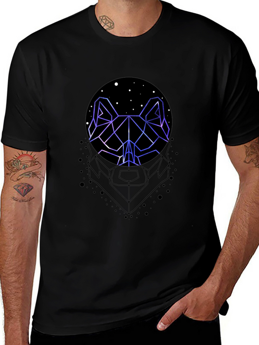 Geometric Wolf Graphic Print Black T-Shirt