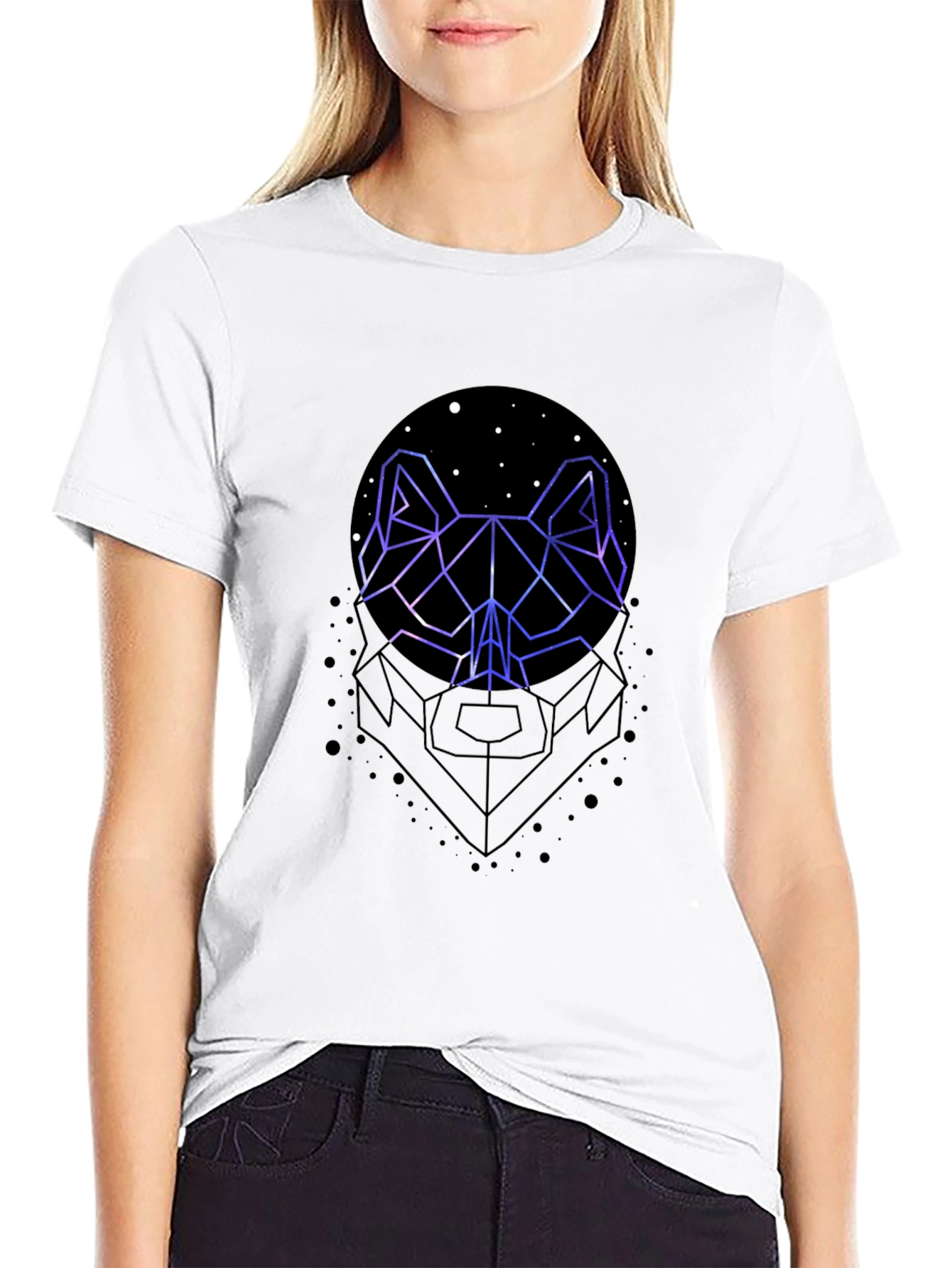Geometric Wolf Graphic Print Black T-Shirt