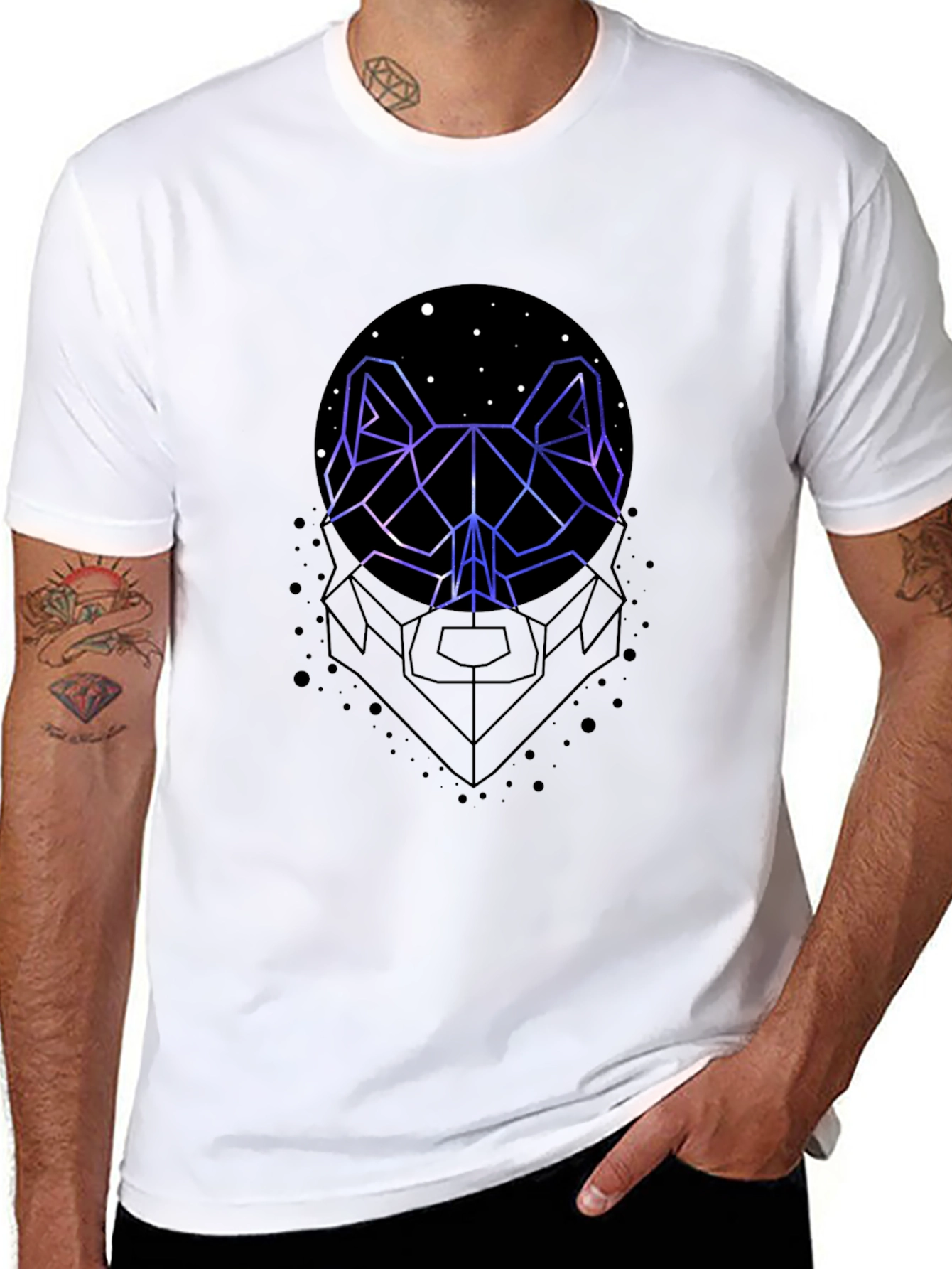 Geometric Wolf Graphic Print Black T-Shirt