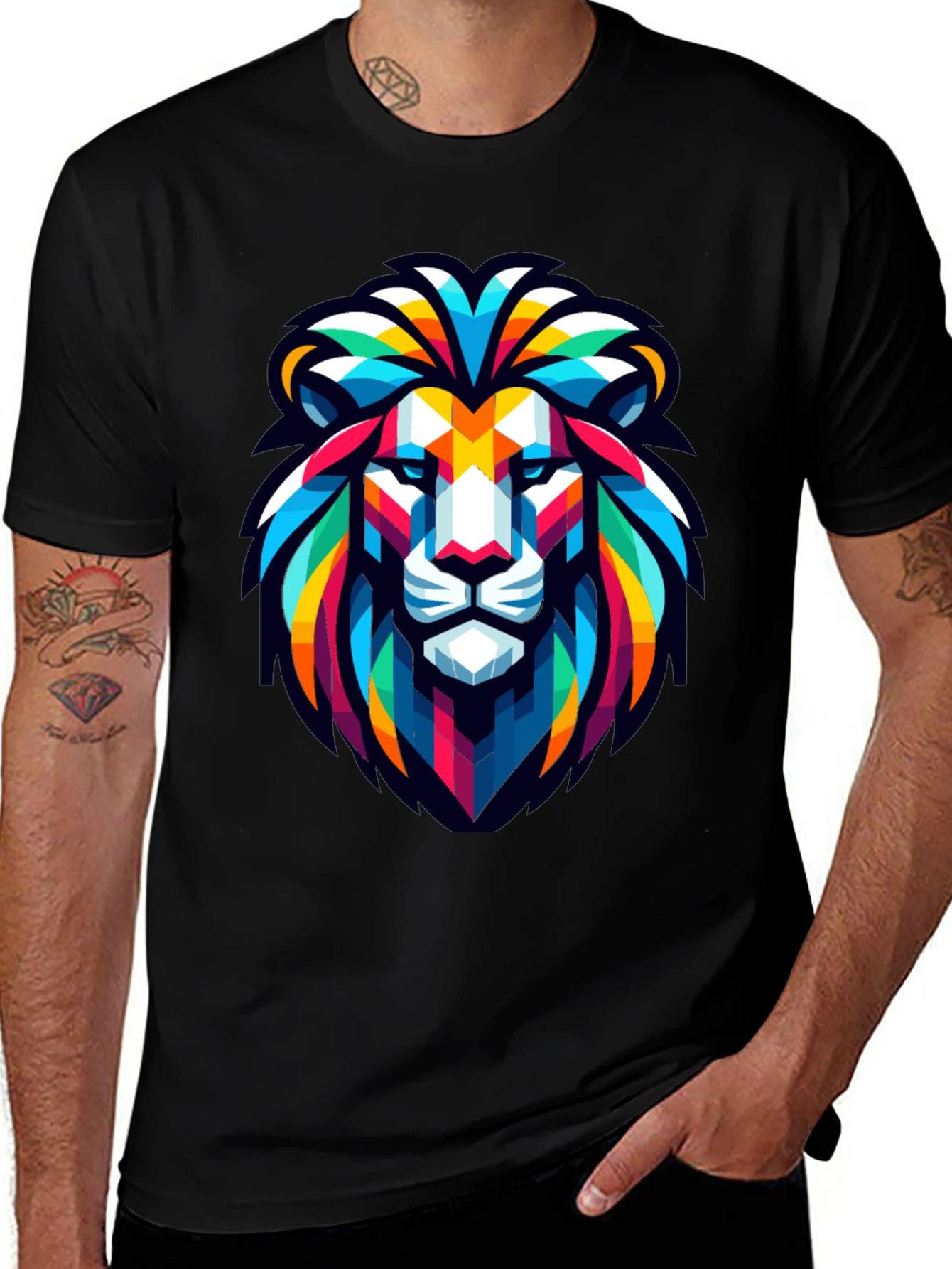 Geometric Lion Head Graphic Black T-Shirt