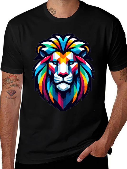Geometric Lion Head Graphic Black T-Shirt