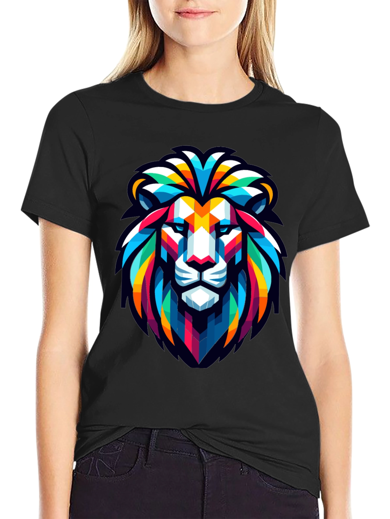 Geometric Lion Head Graphic Black T-Shirt