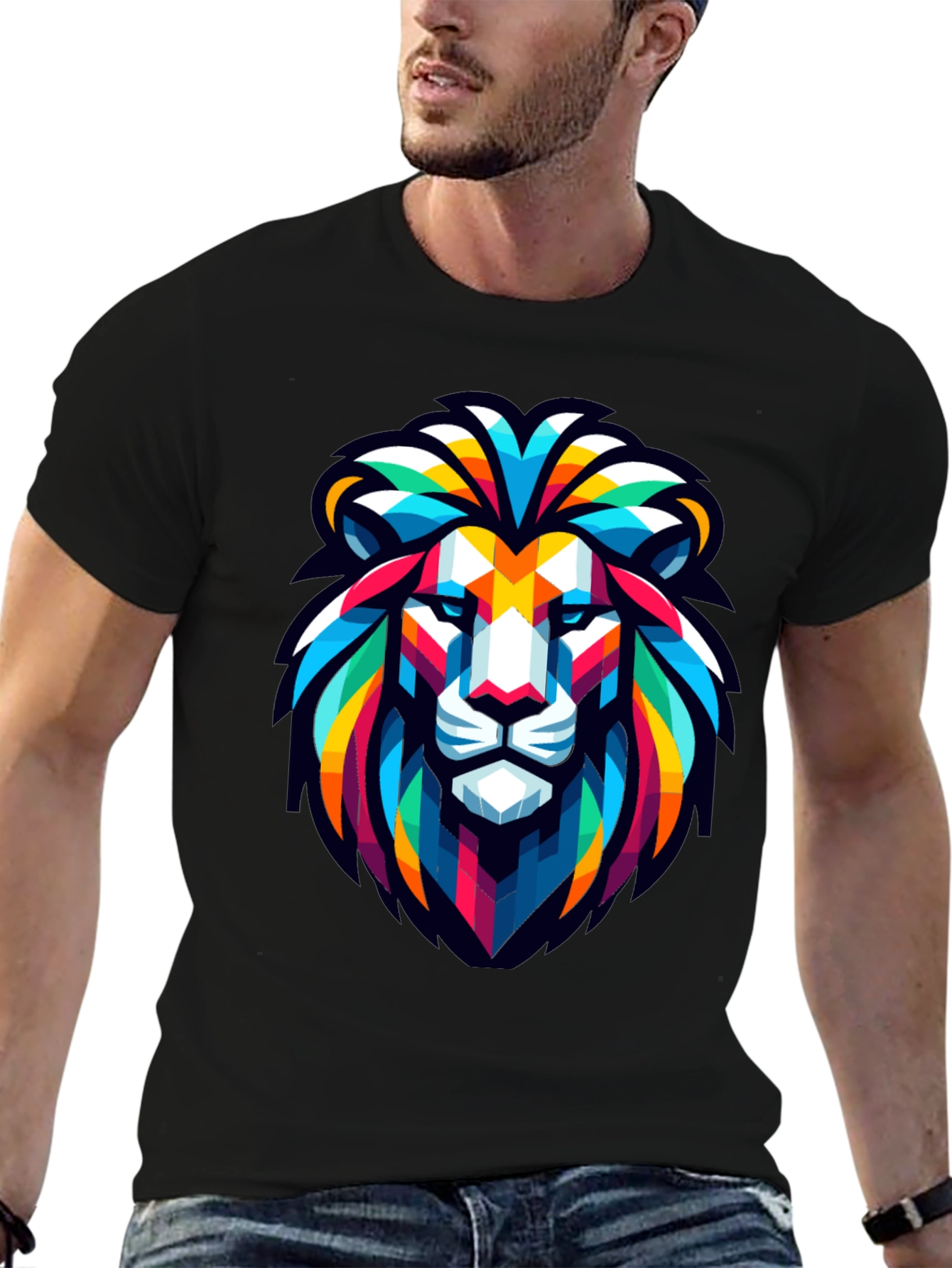 Geometric Lion Head Graphic Black T-Shirt