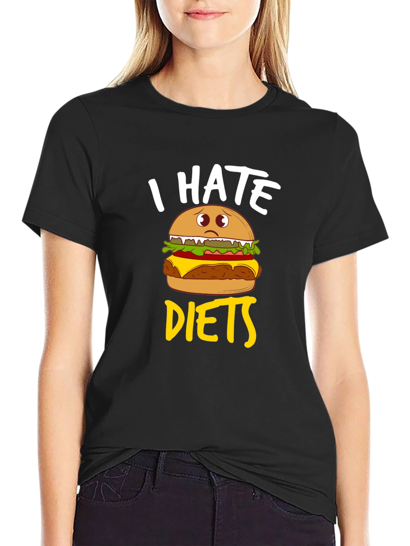 I Hate Diets Funny Burger Graphic Mens Black T-Shirt