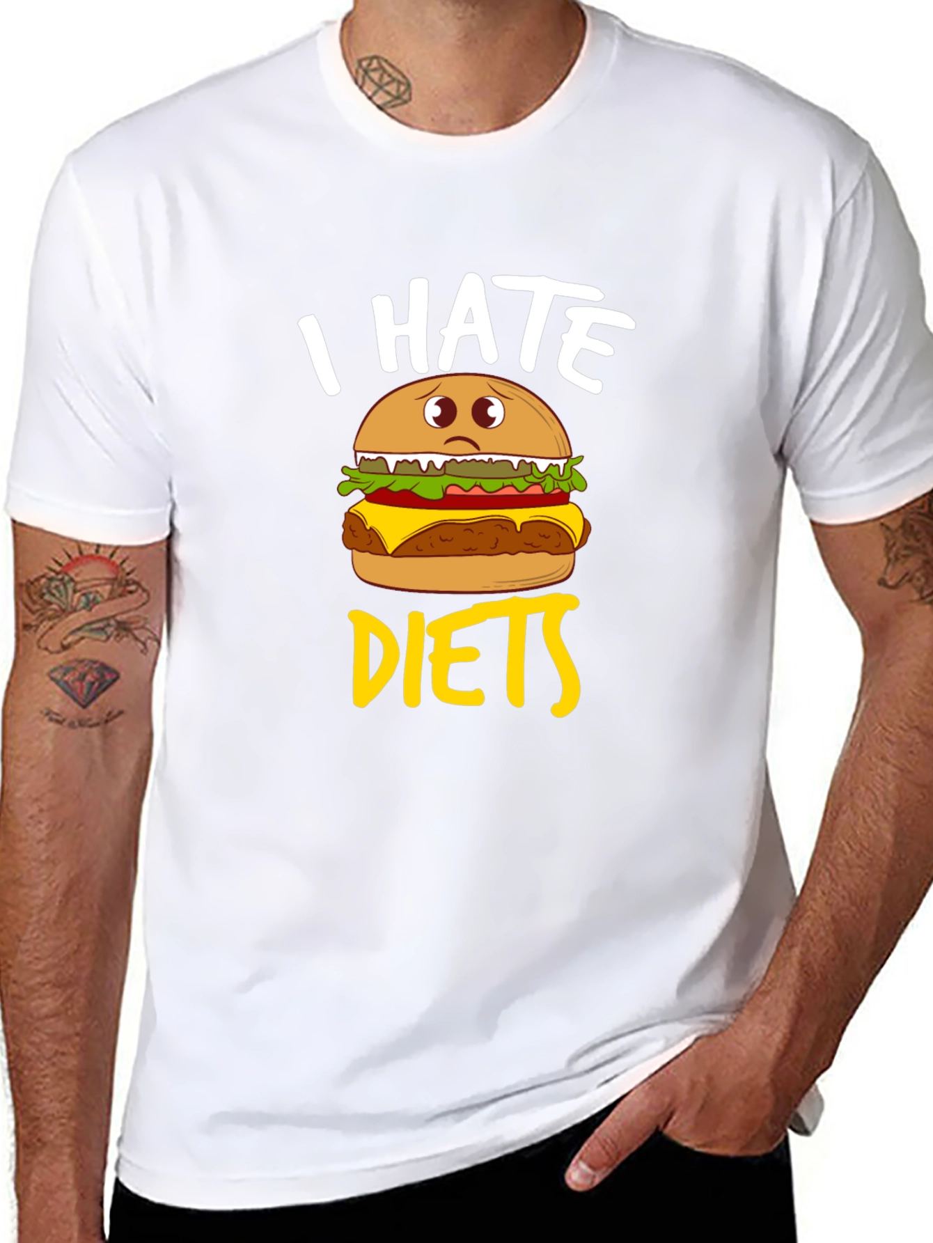 I Hate Diets Funny Burger Graphic Mens Black T-Shirt