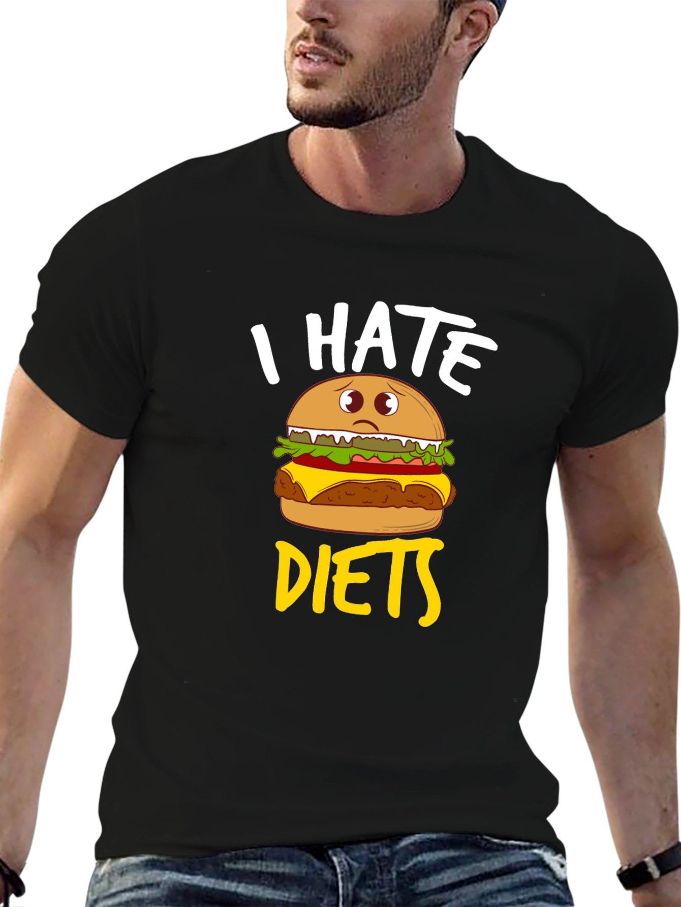 I Hate Diets Funny Burger Graphic Mens Black T-Shirt
