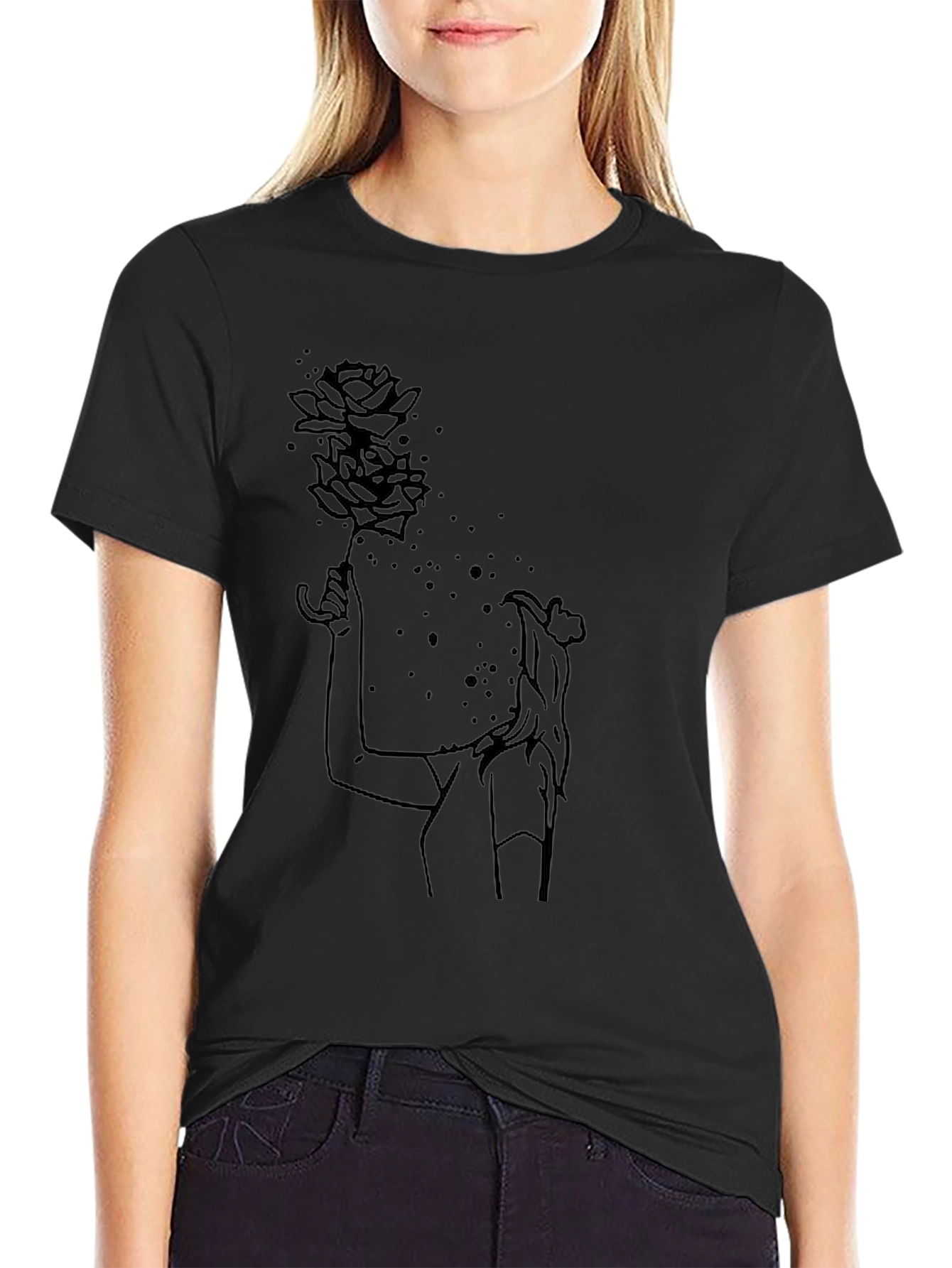 Black Graphic Tee - Rose Woman Design