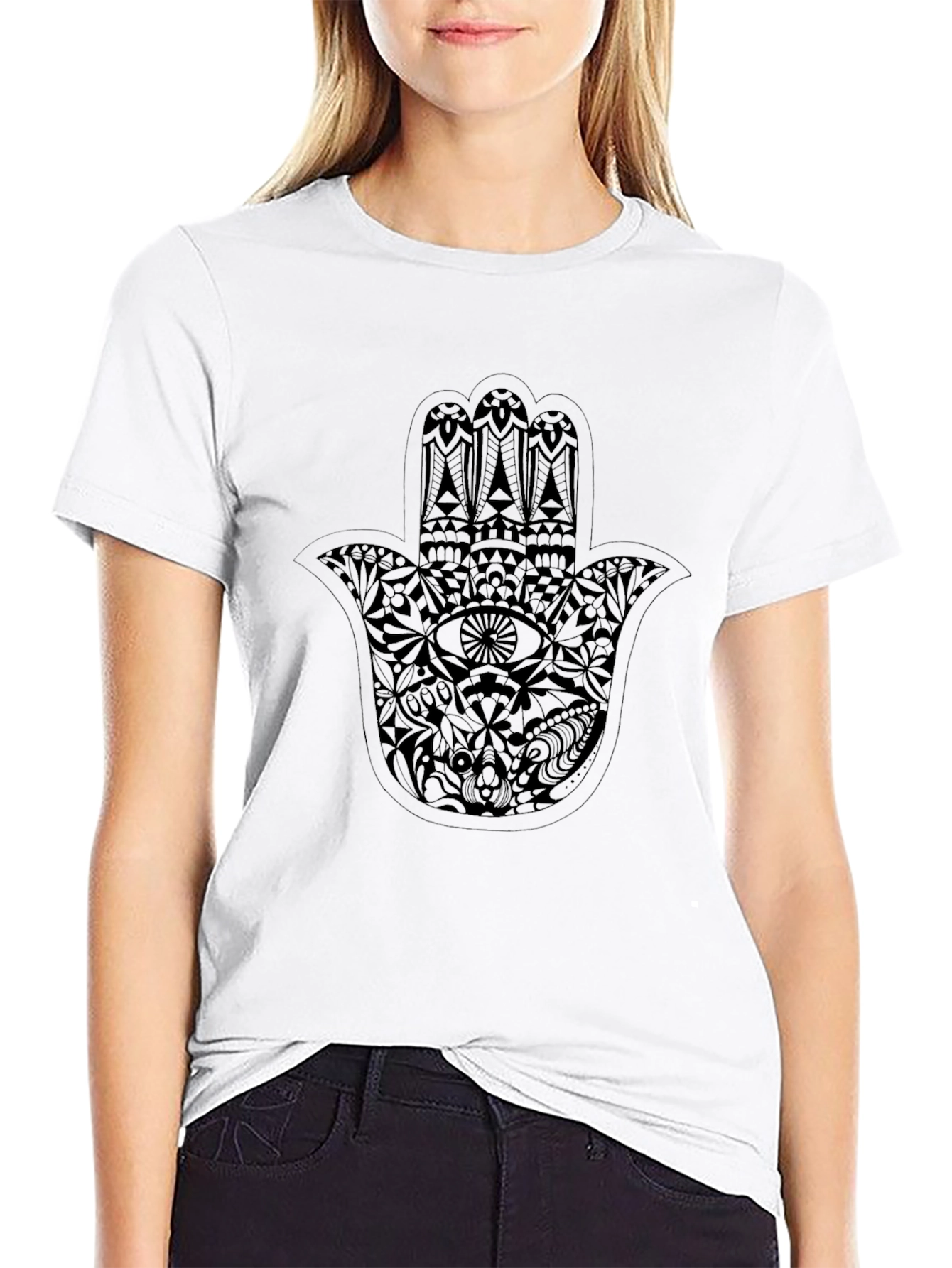 Mens Black T-Shirt with Hamsa Hand Graphic