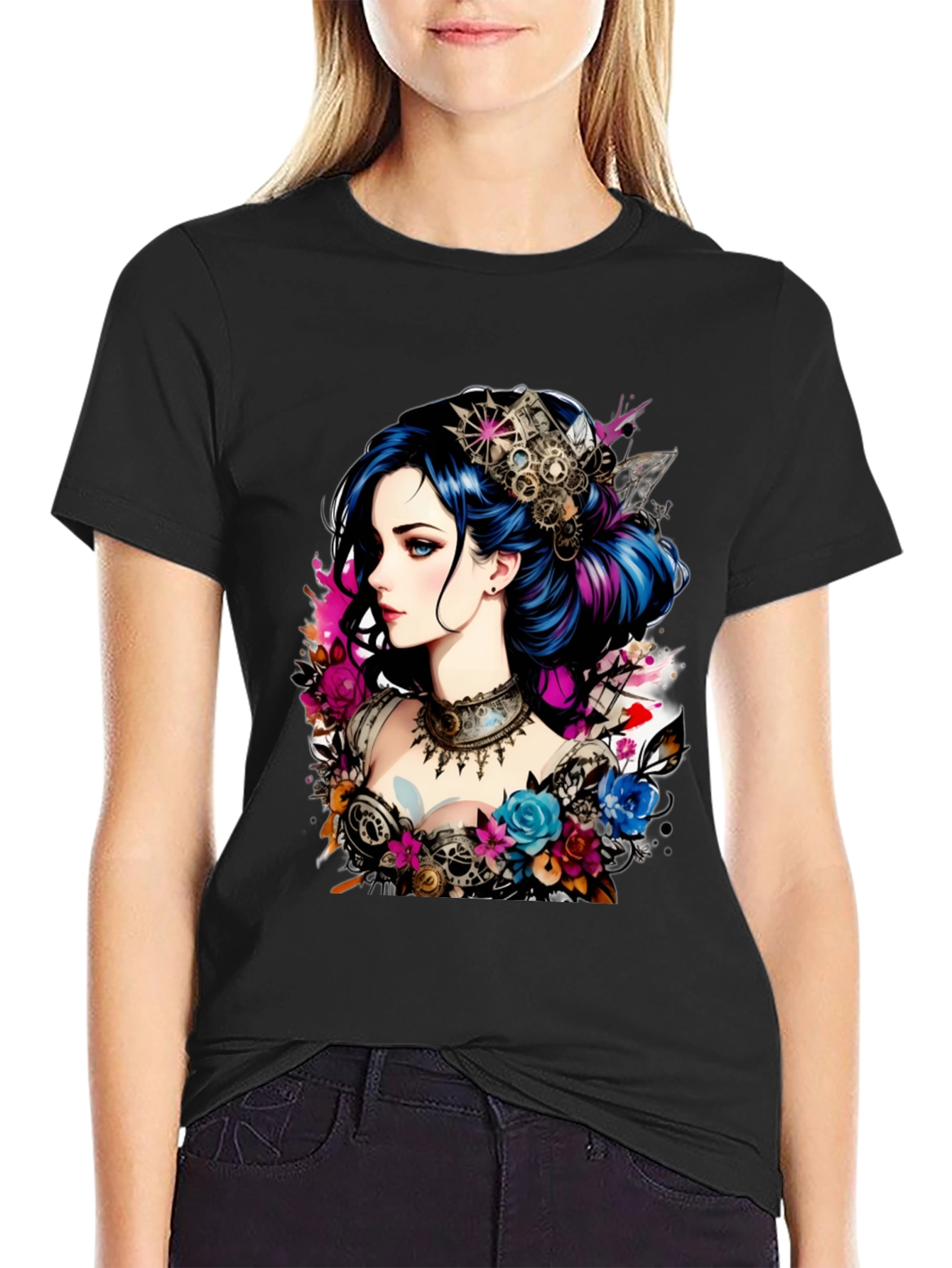 Steampunk Girl Graphic Black T-Shirt
