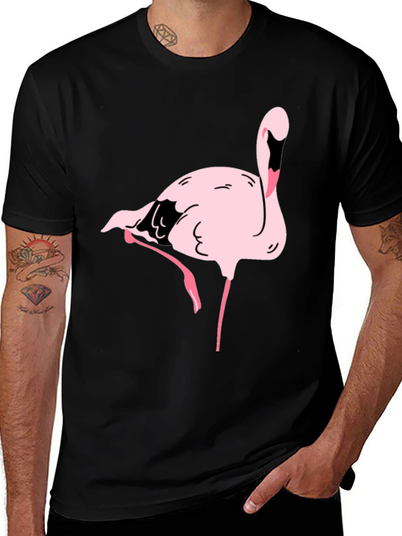 Black T-Shirt with Pink Flamingo Graphic Print