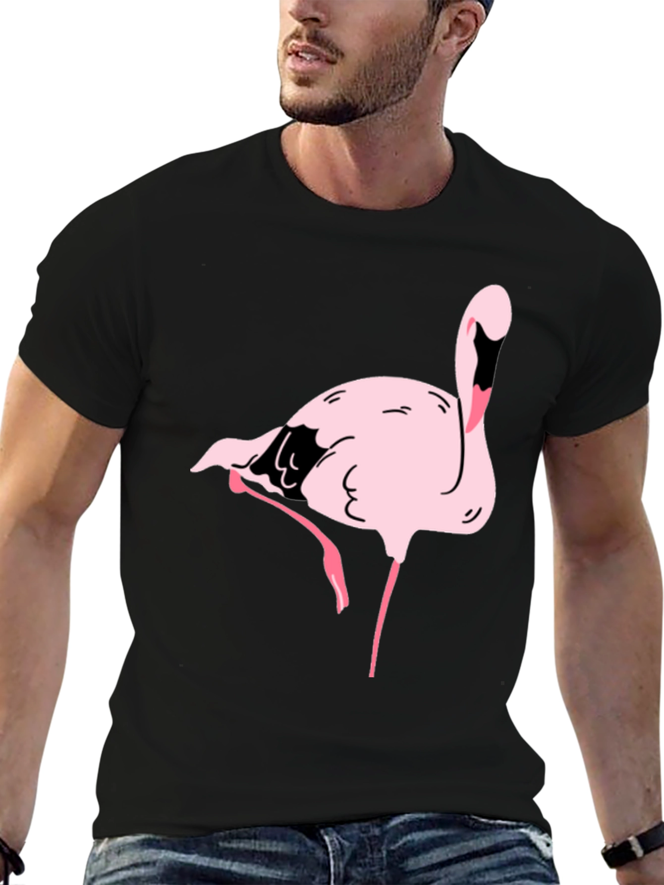 Black T-Shirt with Pink Flamingo Graphic Print
