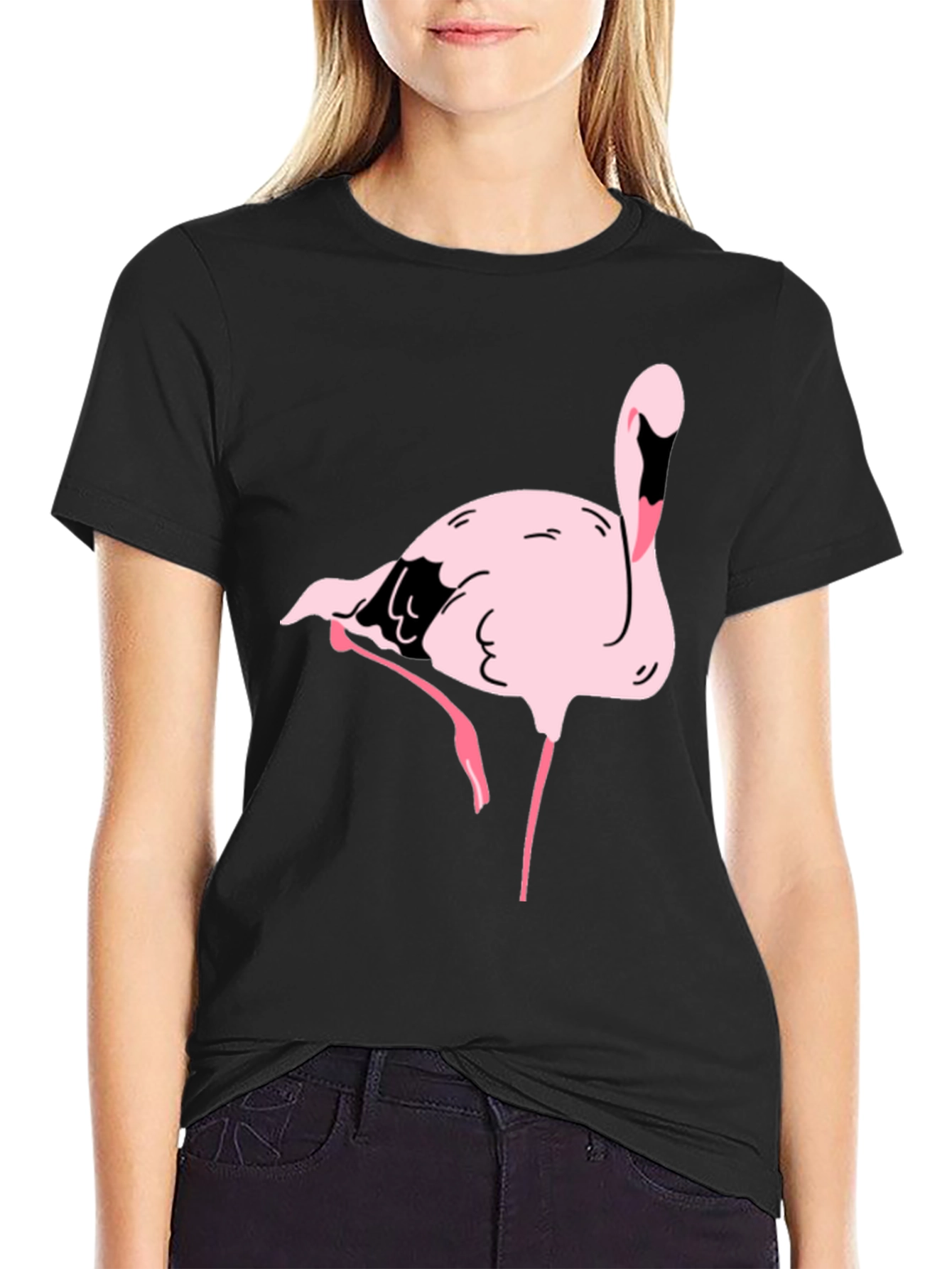 Black T-Shirt with Pink Flamingo Graphic Print