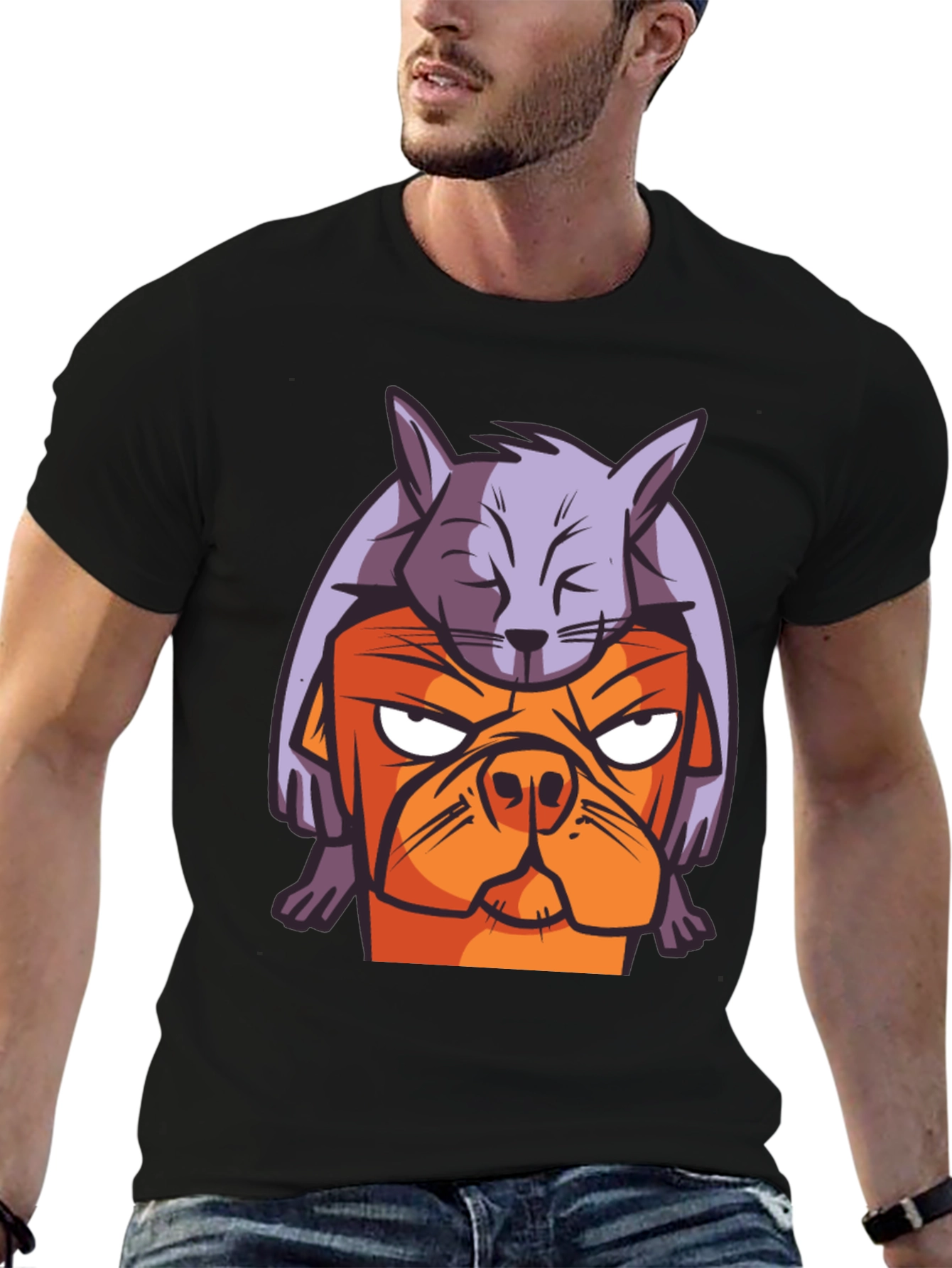 Dog & Cat Cartoon Graphic Black T-Shirt