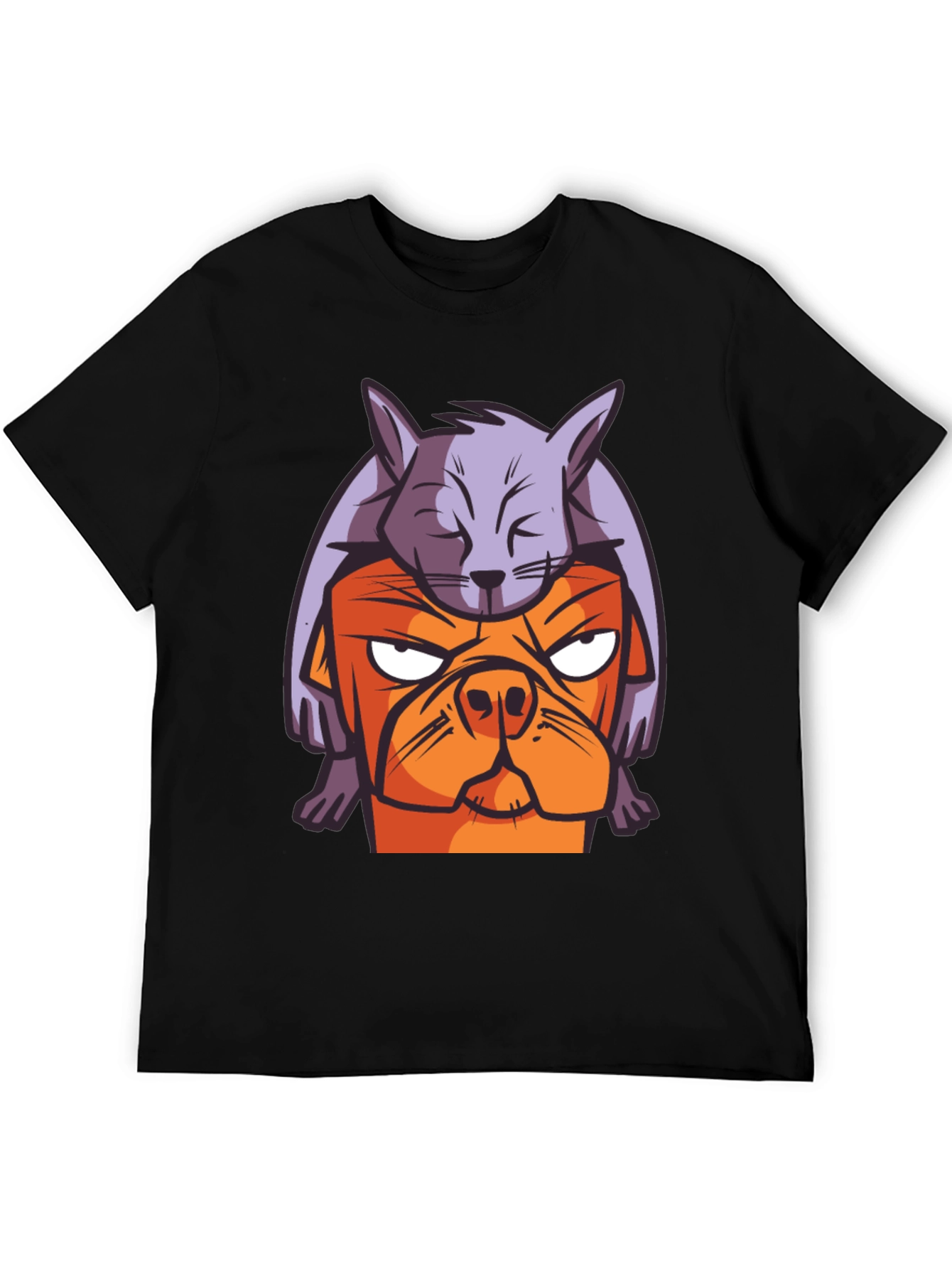 Dog & Cat Cartoon Graphic Black T-Shirt