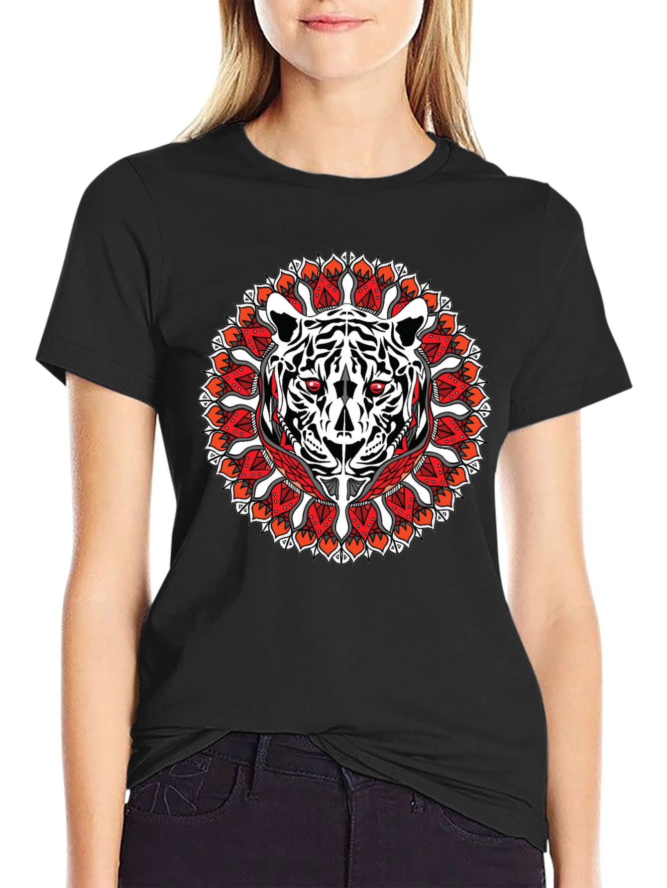 Tiger Mandala Graphic Print Black T-Shirt