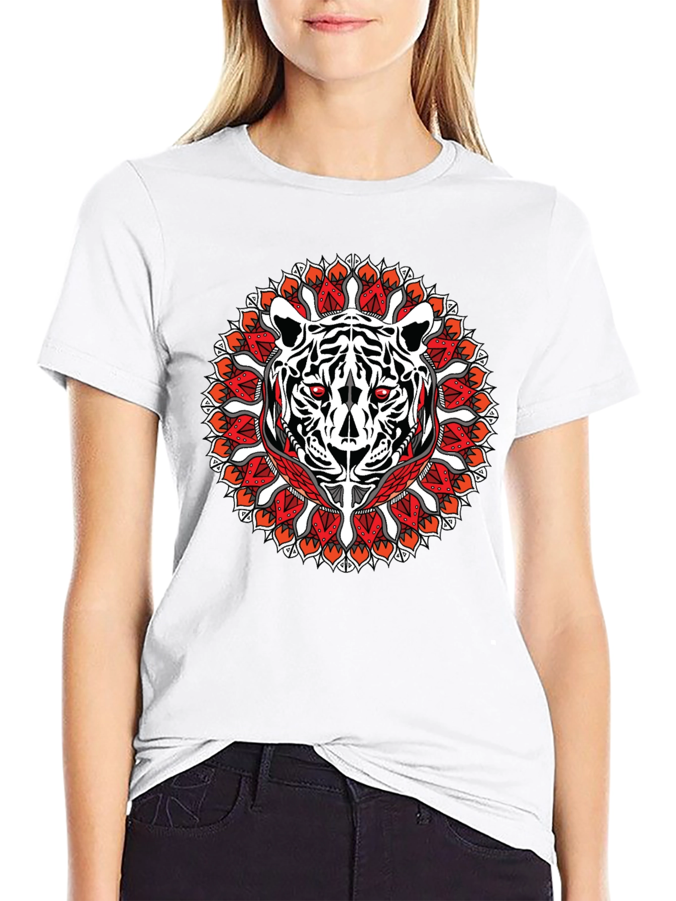 Tiger Mandala Graphic Print Black T-Shirt
