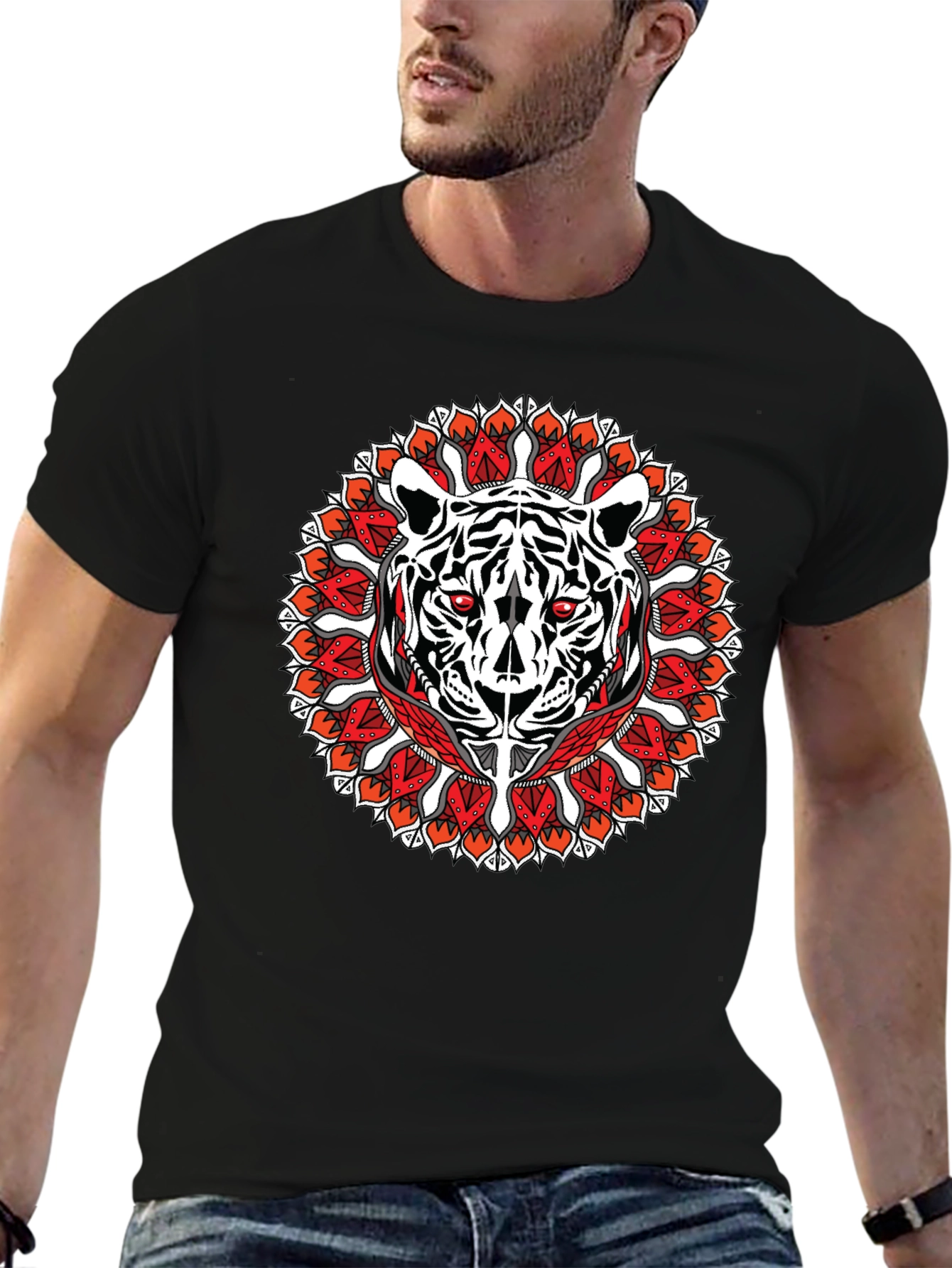 Tiger Mandala Graphic Print Black T-Shirt