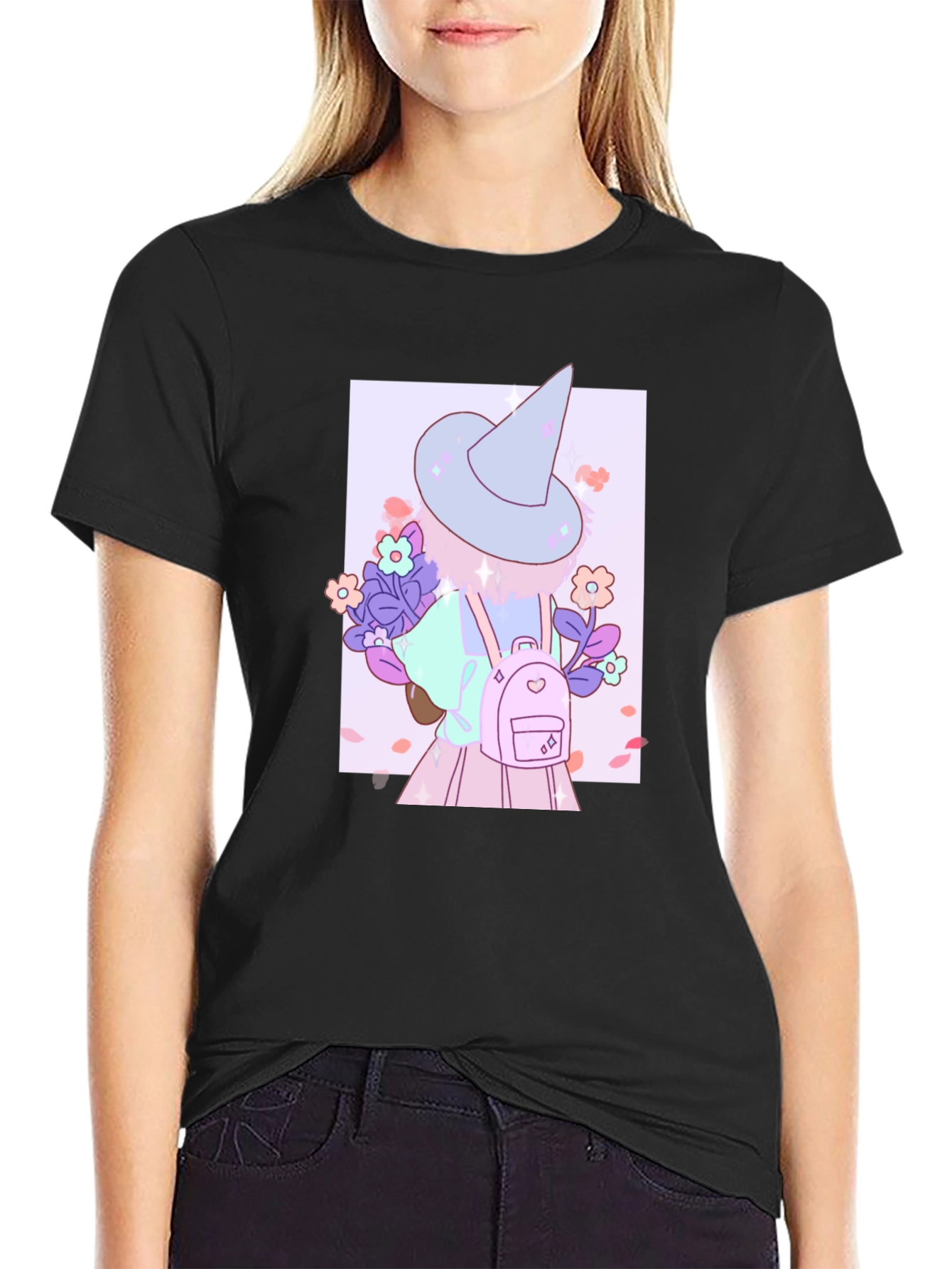 Cute Anime Witch Graphic T-Shirt - Black Cotton