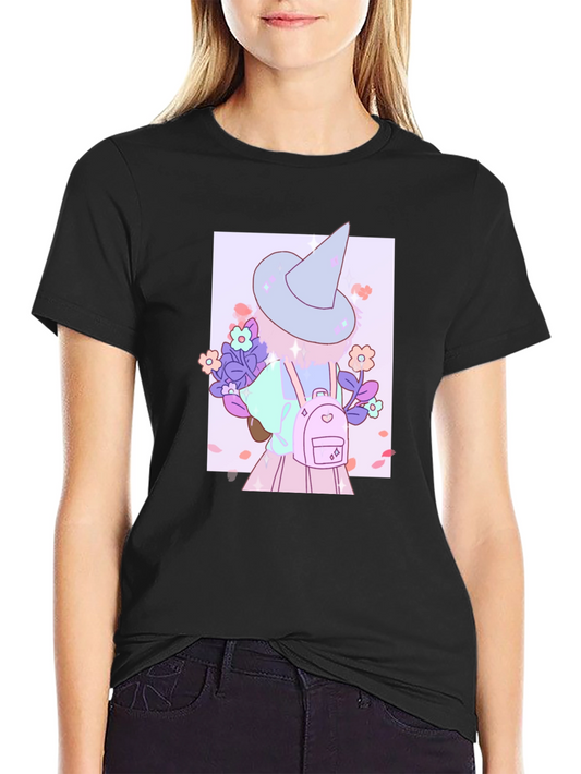 Cute Anime Witch Graphic T-Shirt - Black Cotton