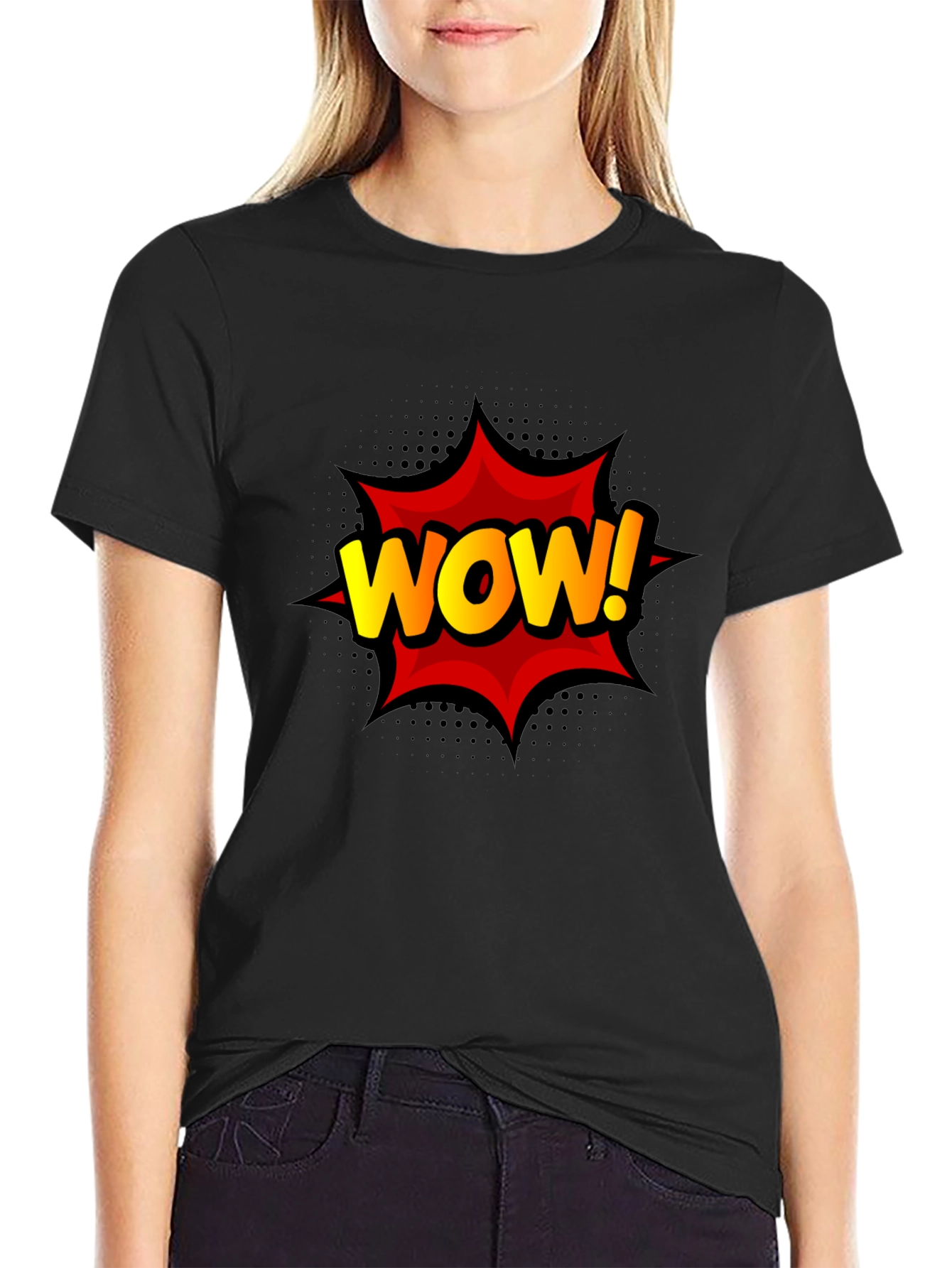 WOW! Graphic Print Tee - Black Cotton T-Shirt