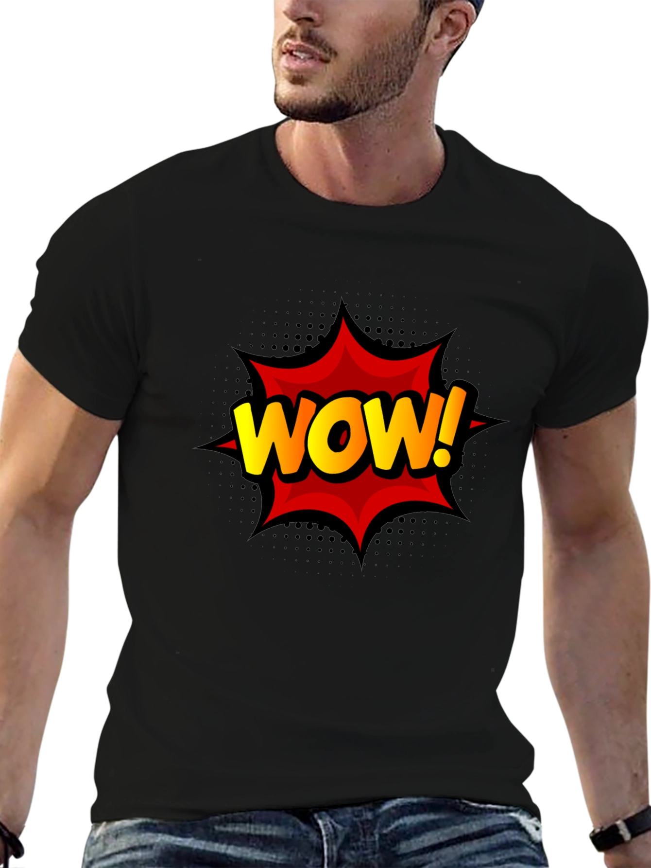WOW! Graphic Print Tee - Black Cotton T-Shirt