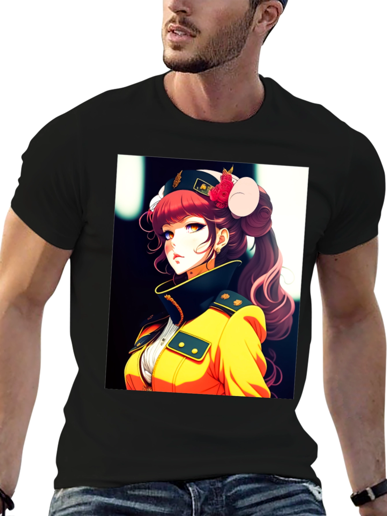 Anime Girl Print Black T-Shirt
