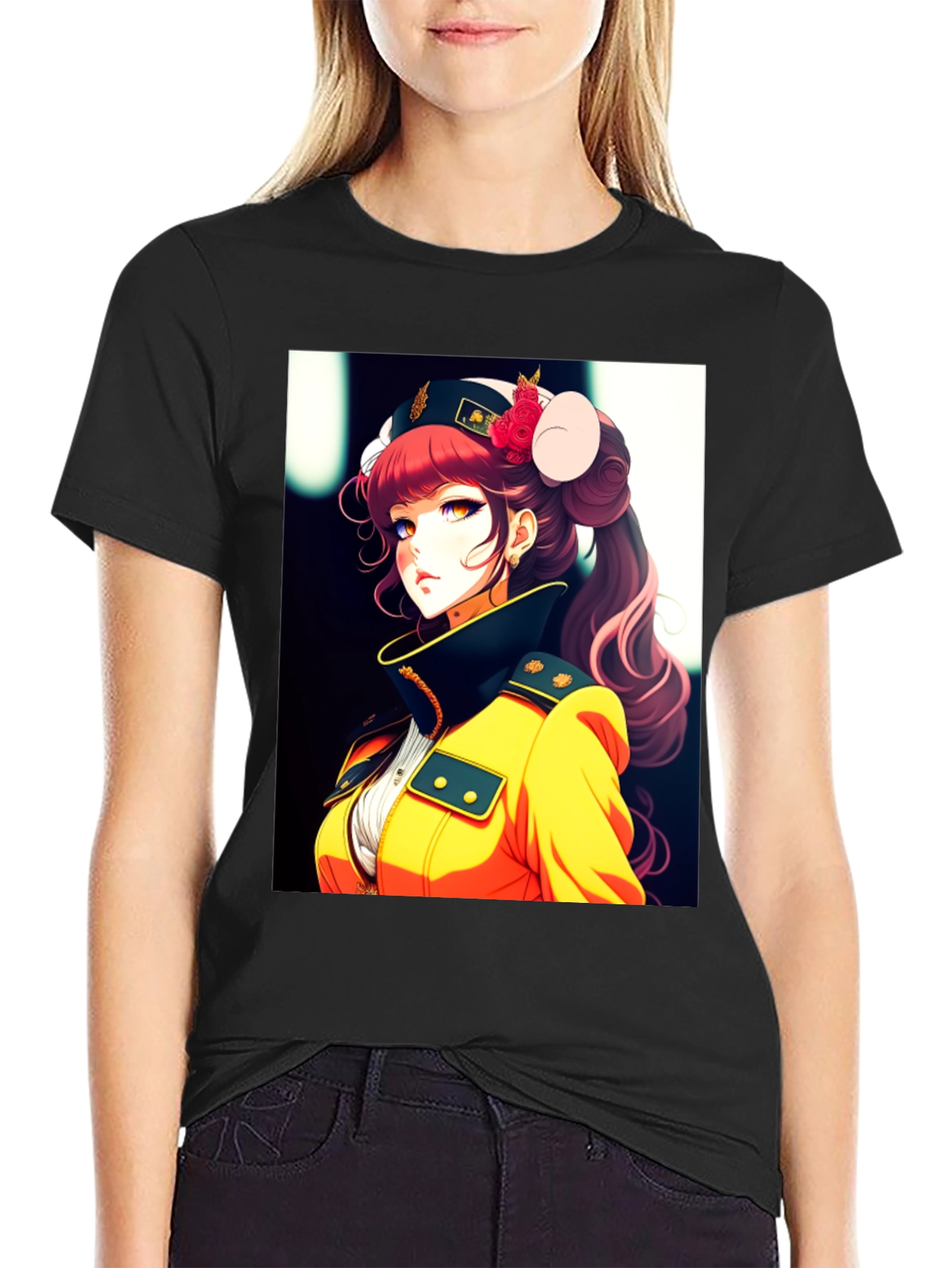 Anime Girl Print Black T-Shirt