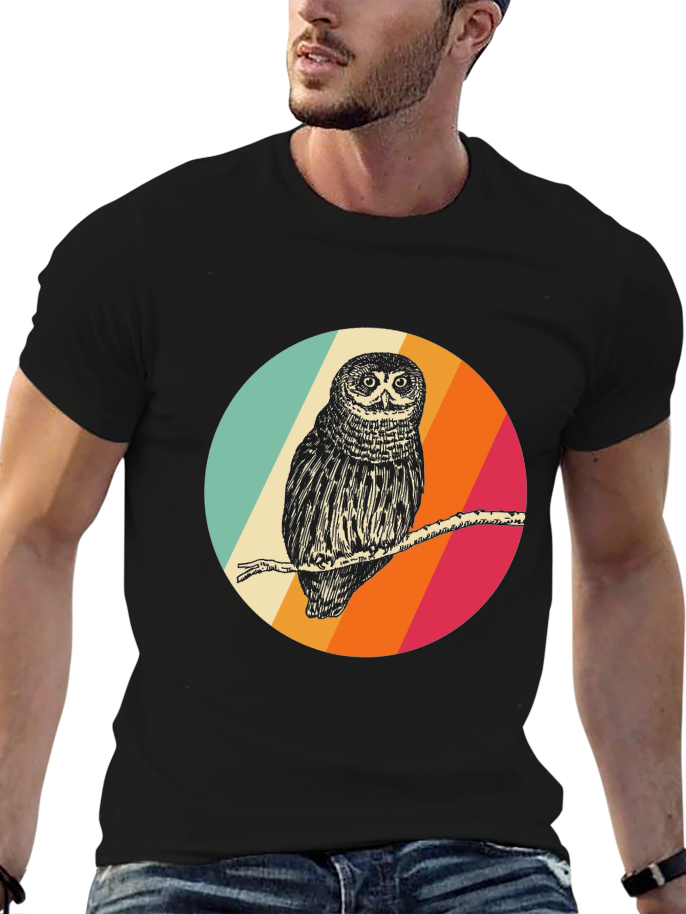 Retro Owl Graphic Tee - Mens Black T-Shirt