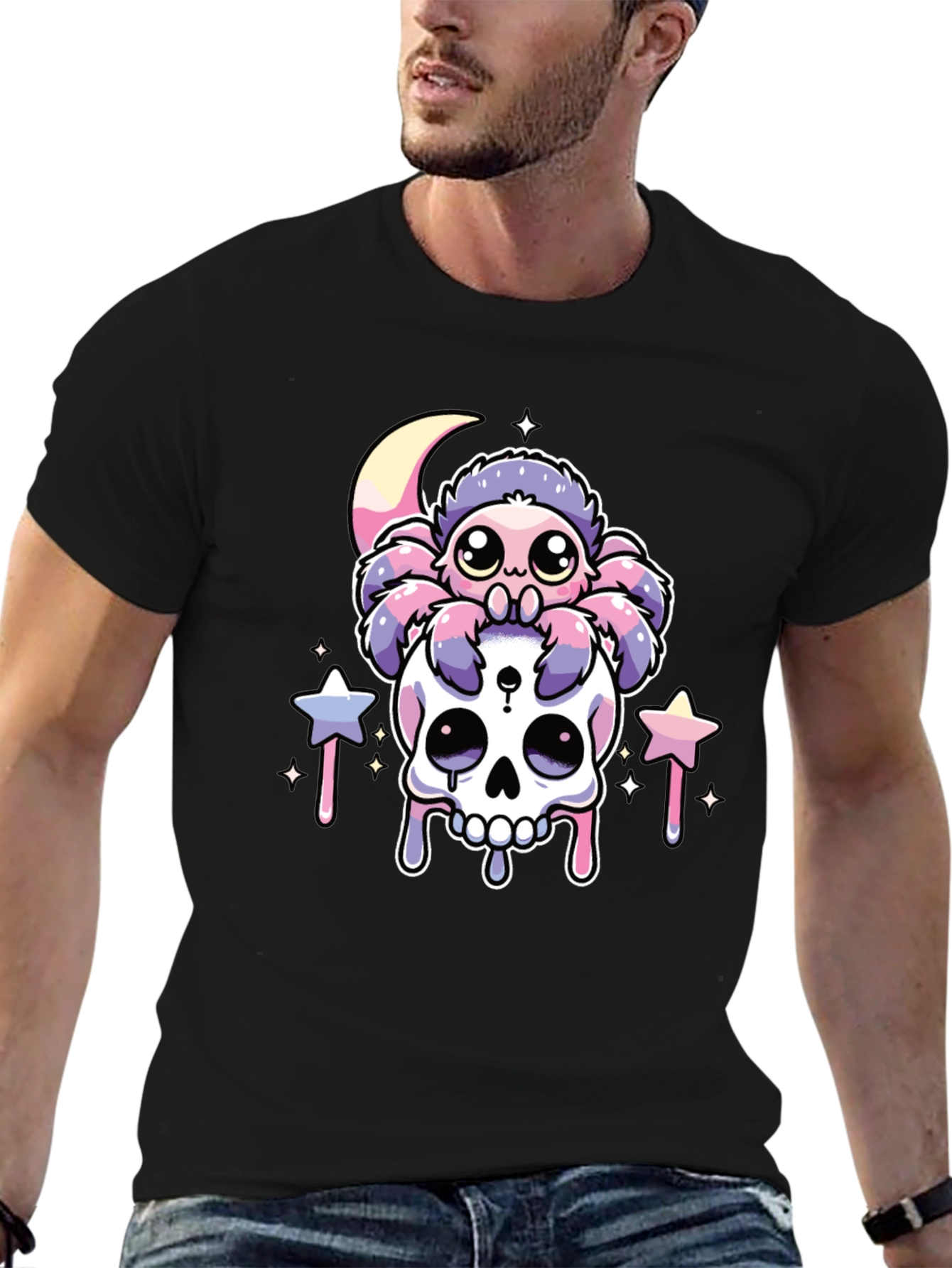 Cute Kawaii Spider on Skull Graphic T-Shirt