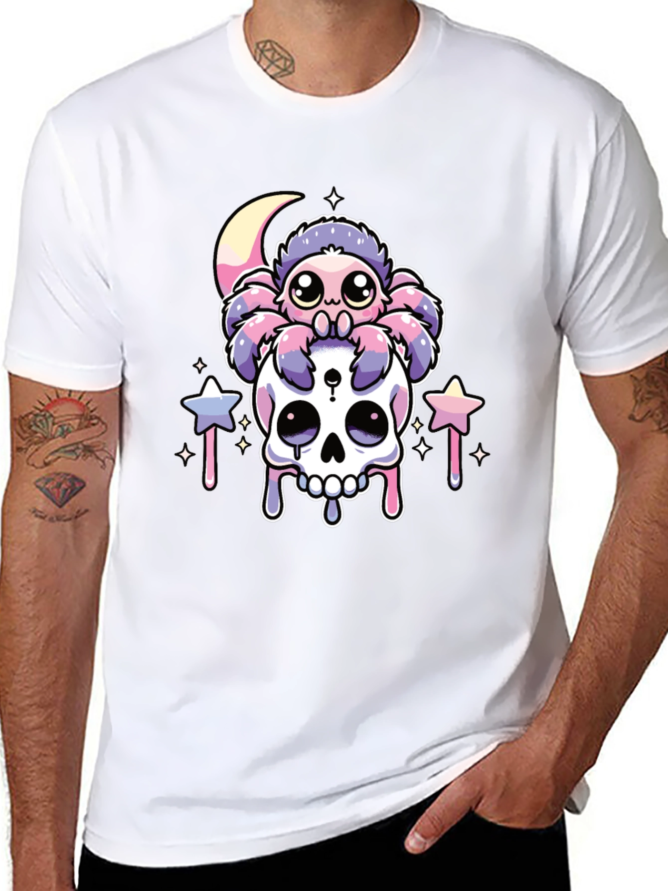 Cute Kawaii Spider on Skull Graphic T-Shirt